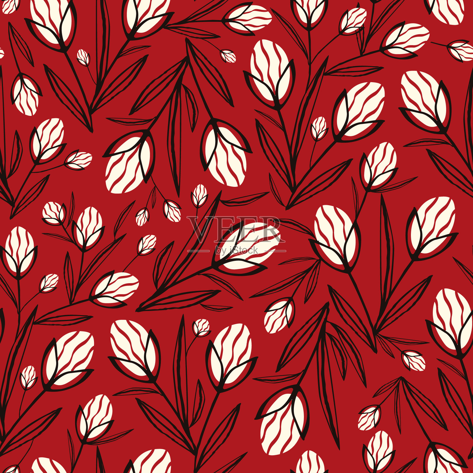 风格化的创意，充满活力的古怪表达60年代鲜艳多汁的花朵图案插画图片素材