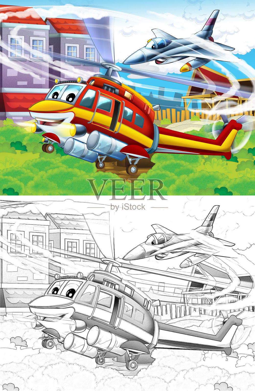 卡通快乐的场景，直升机在城市中飞行插画图片素材