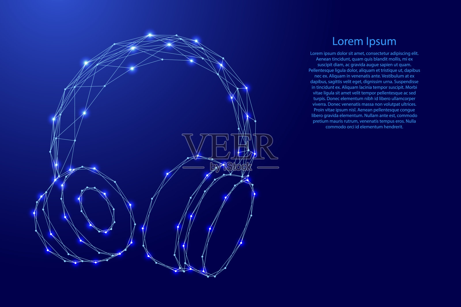 耳机与枷锁，从未来的多边形蓝线和发光的星星横幅，海报，贺卡。低聚概念。矢量插图。插画图片素材