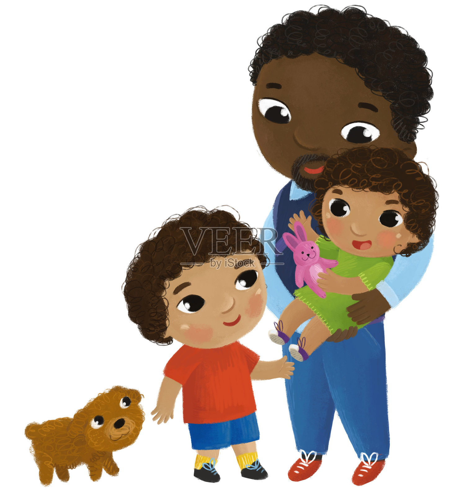卡通场景与家庭和孩子女孩和男孩在白色背景插图的孩子插画图片素材