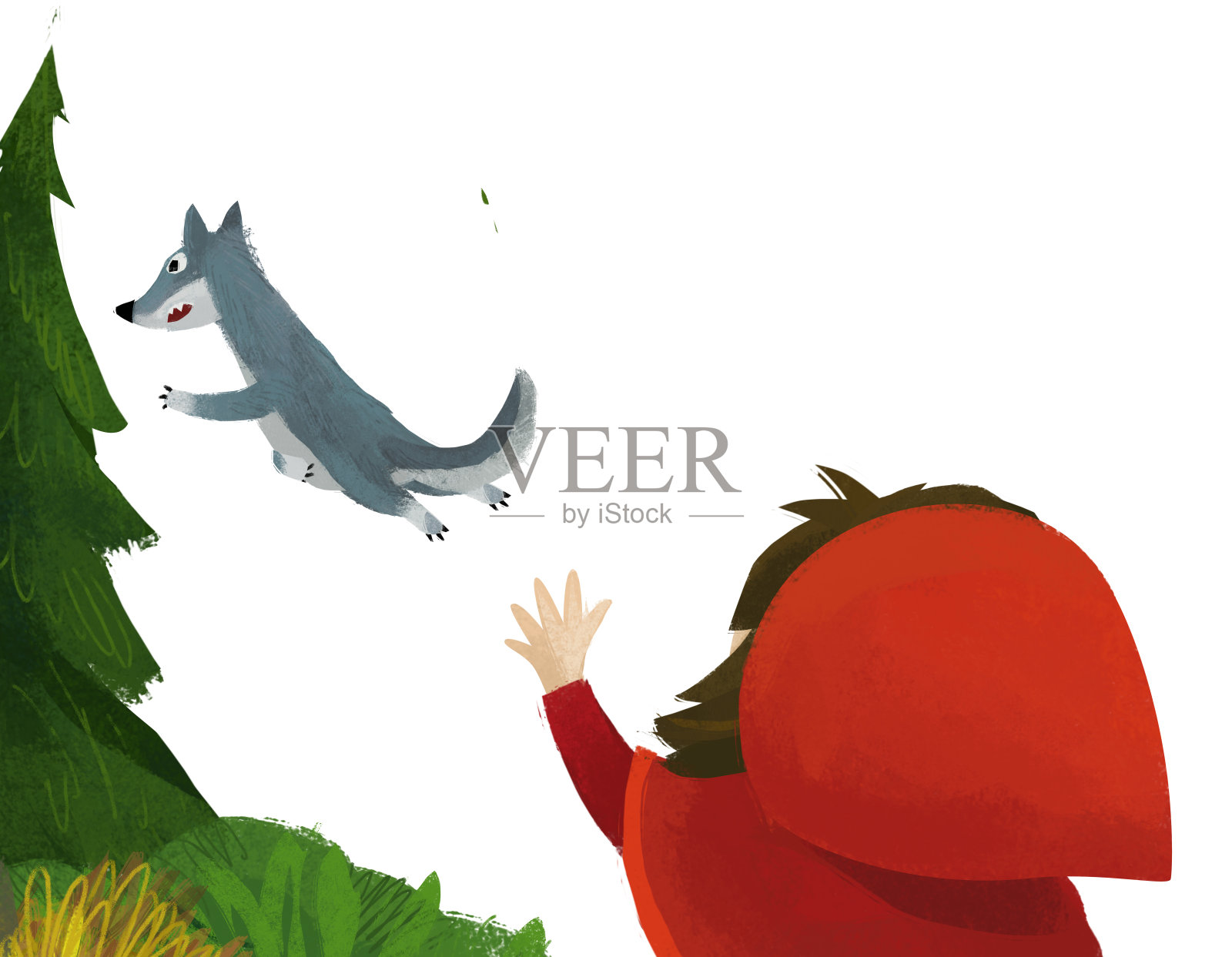 卡通场景与狼和小女孩在红色兜帽插图儿童插画图片素材