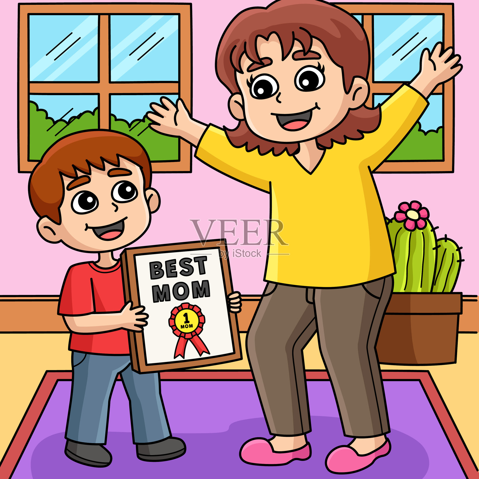 母亲节孩子赠送彩色漫画奖插画图片素材