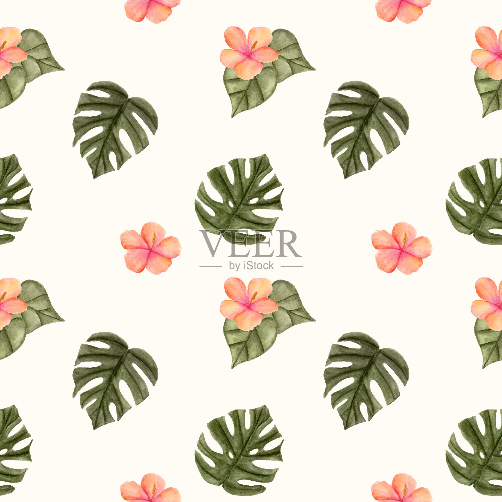 美丽的水彩热带花朵作为无缝图案。插画图片素材