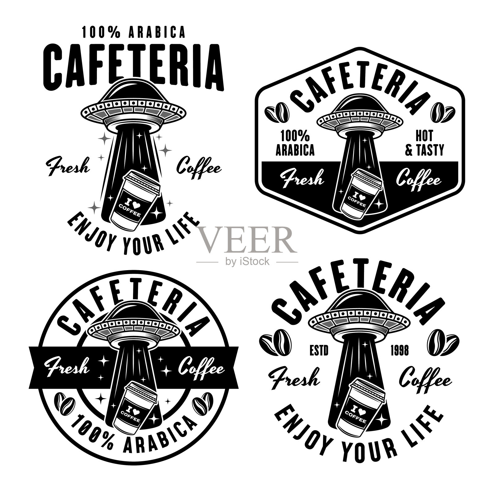 自助餐厅一套矢量标志，标志，徽章或标签与ufo偷咖啡纸杯在老式单色风格孤立的白色插画图片素材