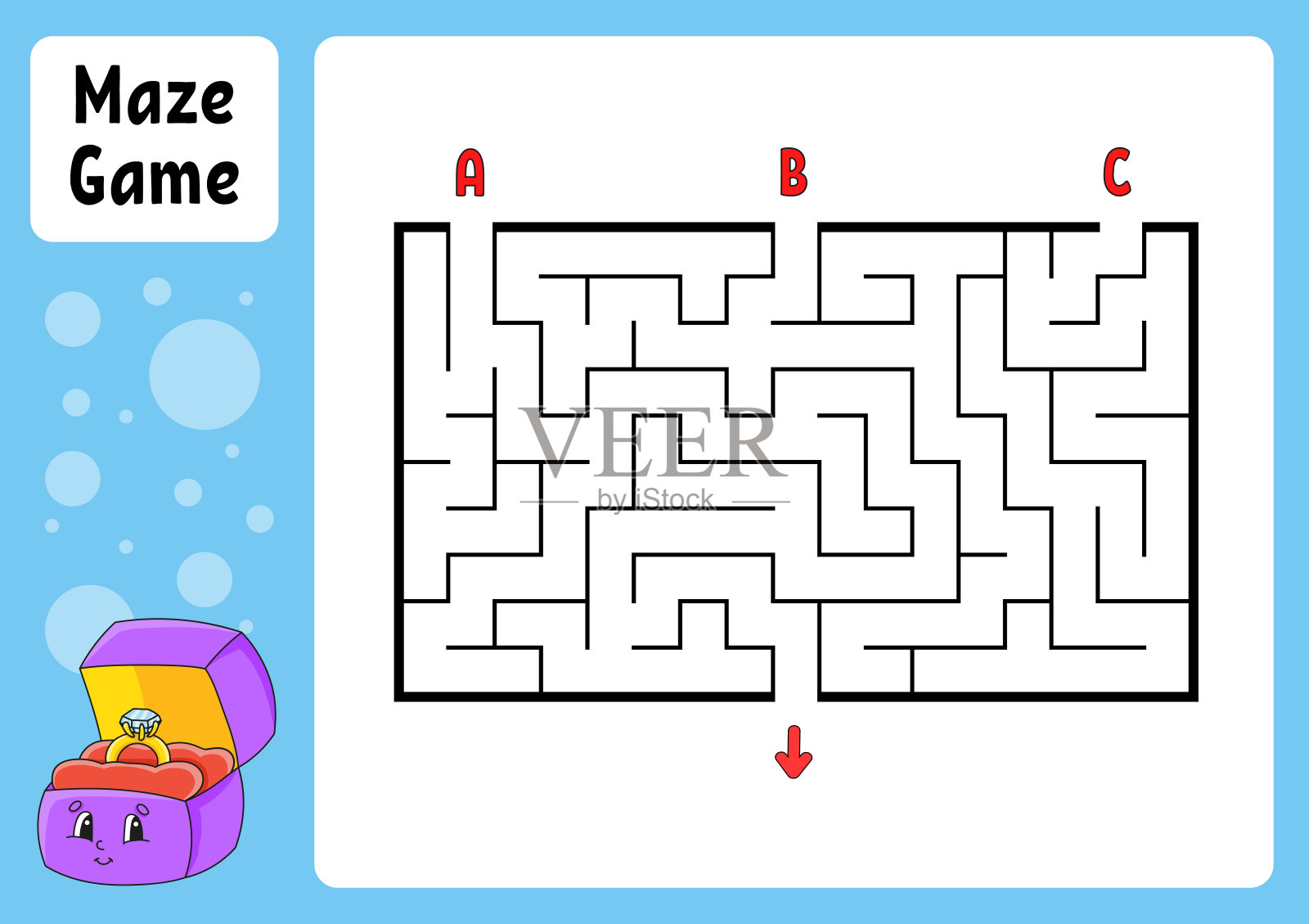 矩形迷宫。孩子们的游戏。三个入口，一个出口。教育工作表。儿童拼图。迷宫难题。找到正确的道路。卡通人物。矢量插图。插画图片素材