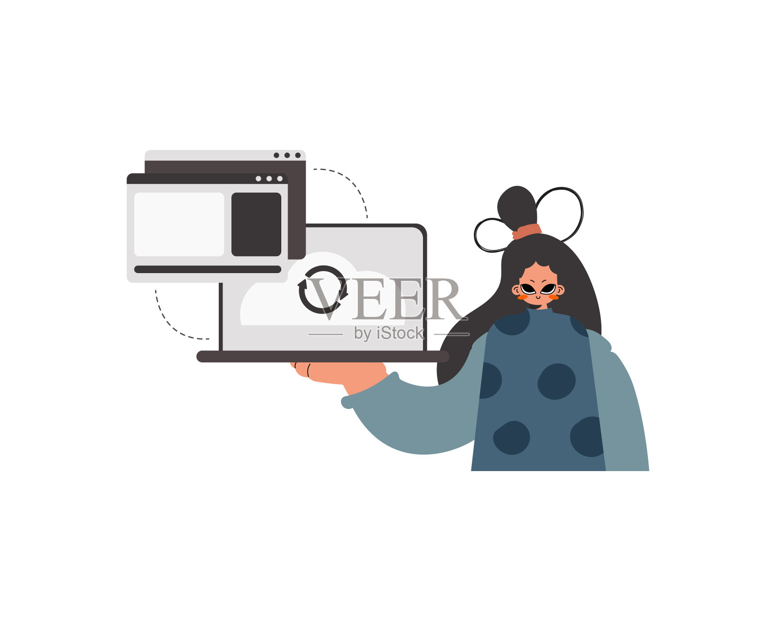 这位精力充沛的女士正拿着一个正在同步数据的平板电脑。孤立。时尚的风格，矢量插图插画图片素材