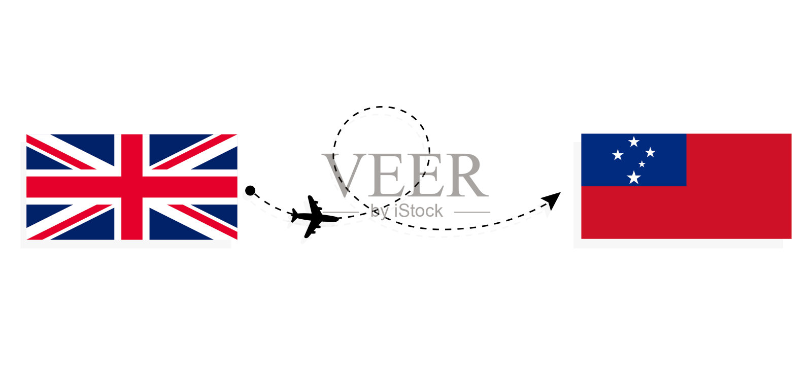 从大不列颠联合王国飞往萨摩亚的客机的飞行和旅行概念插画图片素材