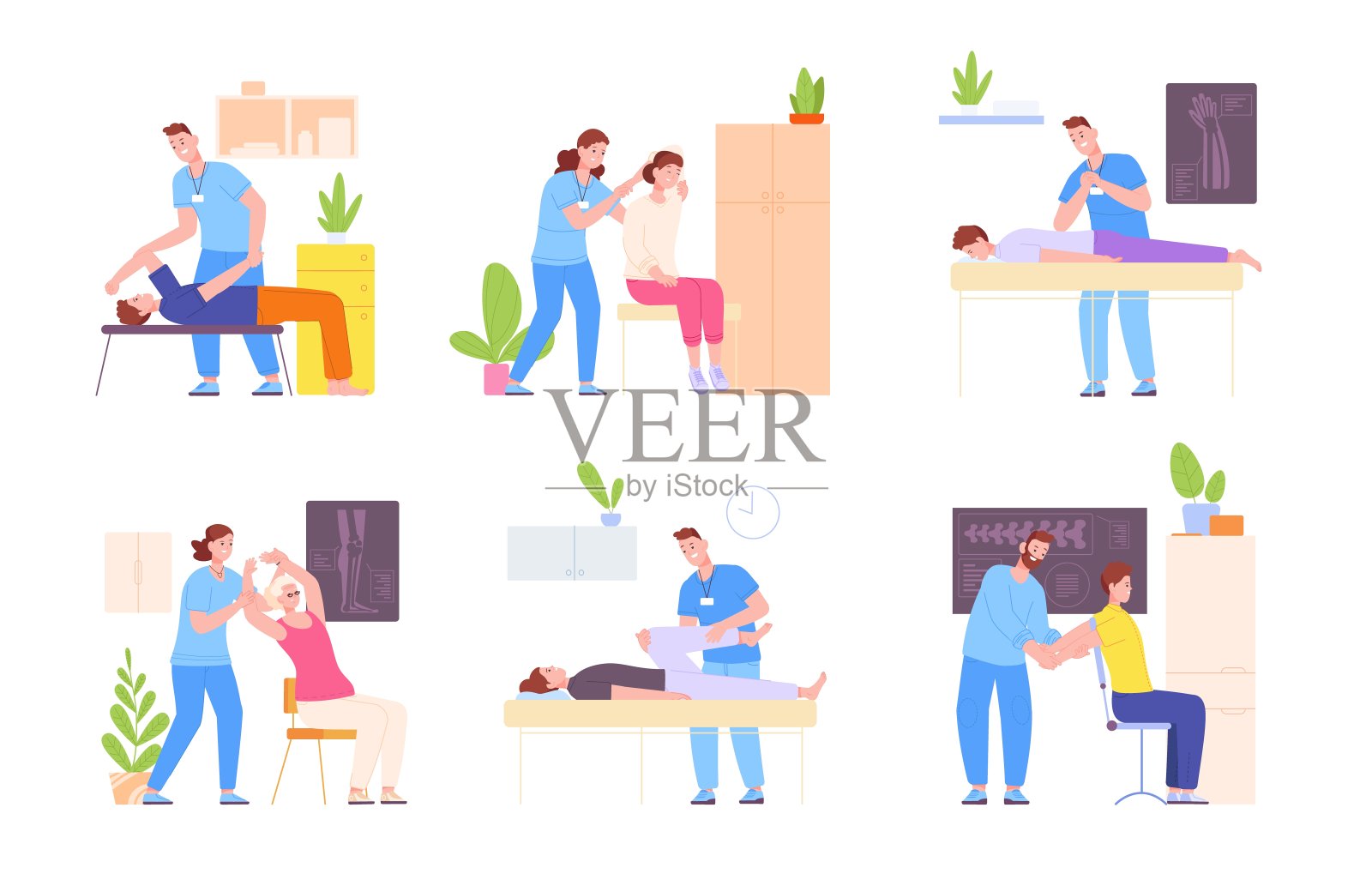 整骨疗法家治疗。整骨按摩，整脊理疗或手工疗法调整和康复颈椎稳定手法，精彩的矢量说明插画图片素材