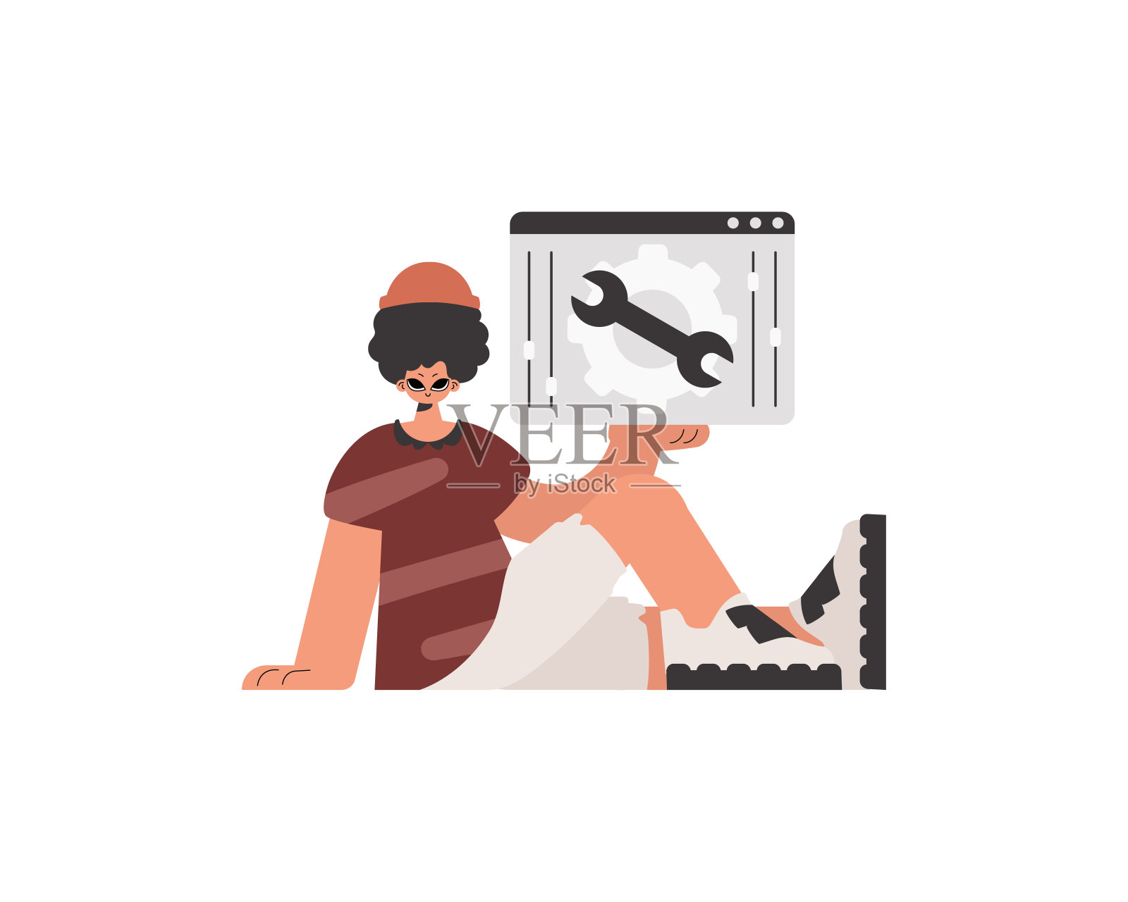 这个人拿着一个带齿轮的浏览器窗口。SEO和网页分析点。限制。时尚的风格，矢量插图插画图片素材