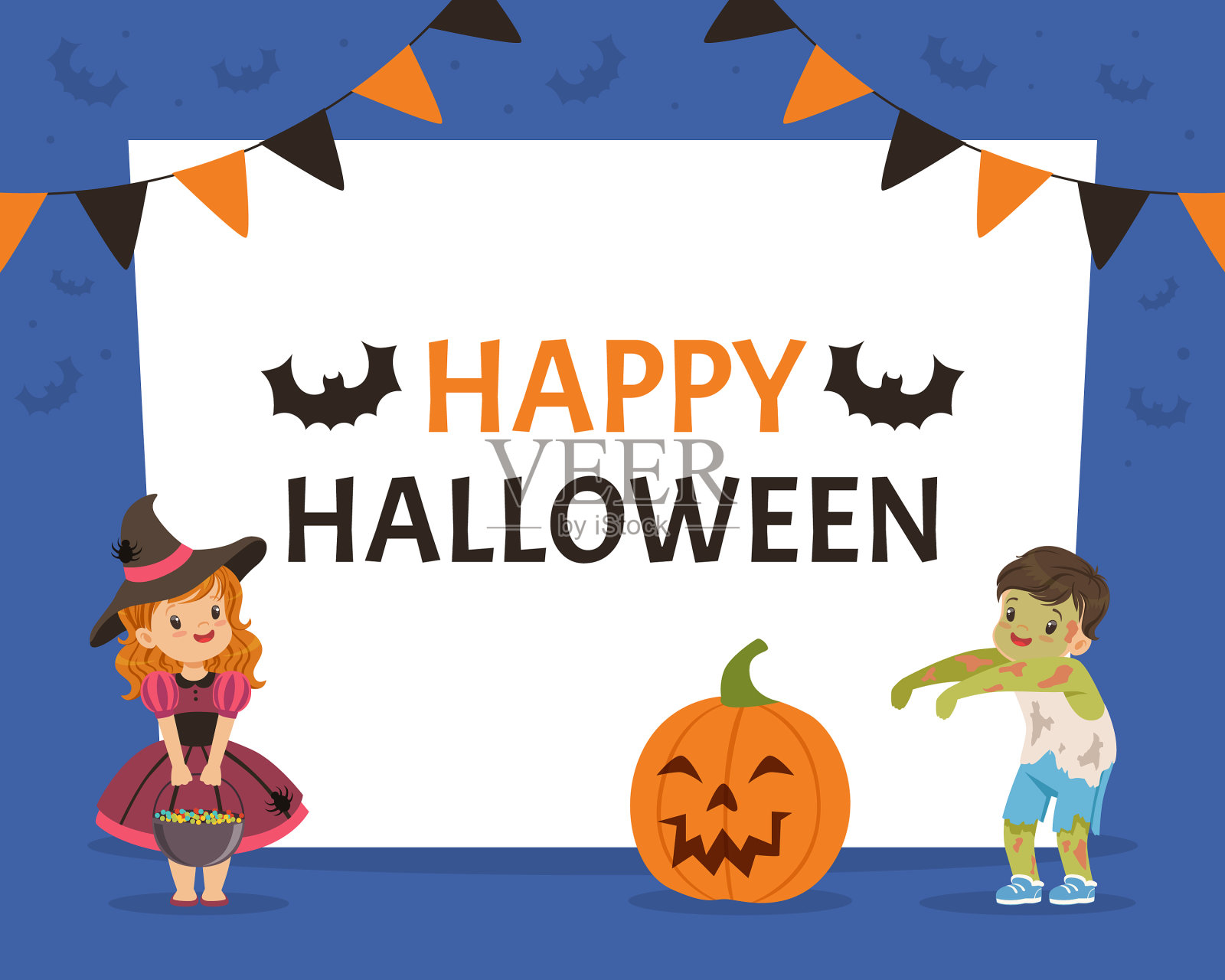 有趣的男孩和女孩穿着万圣节女巫和插画图片素材