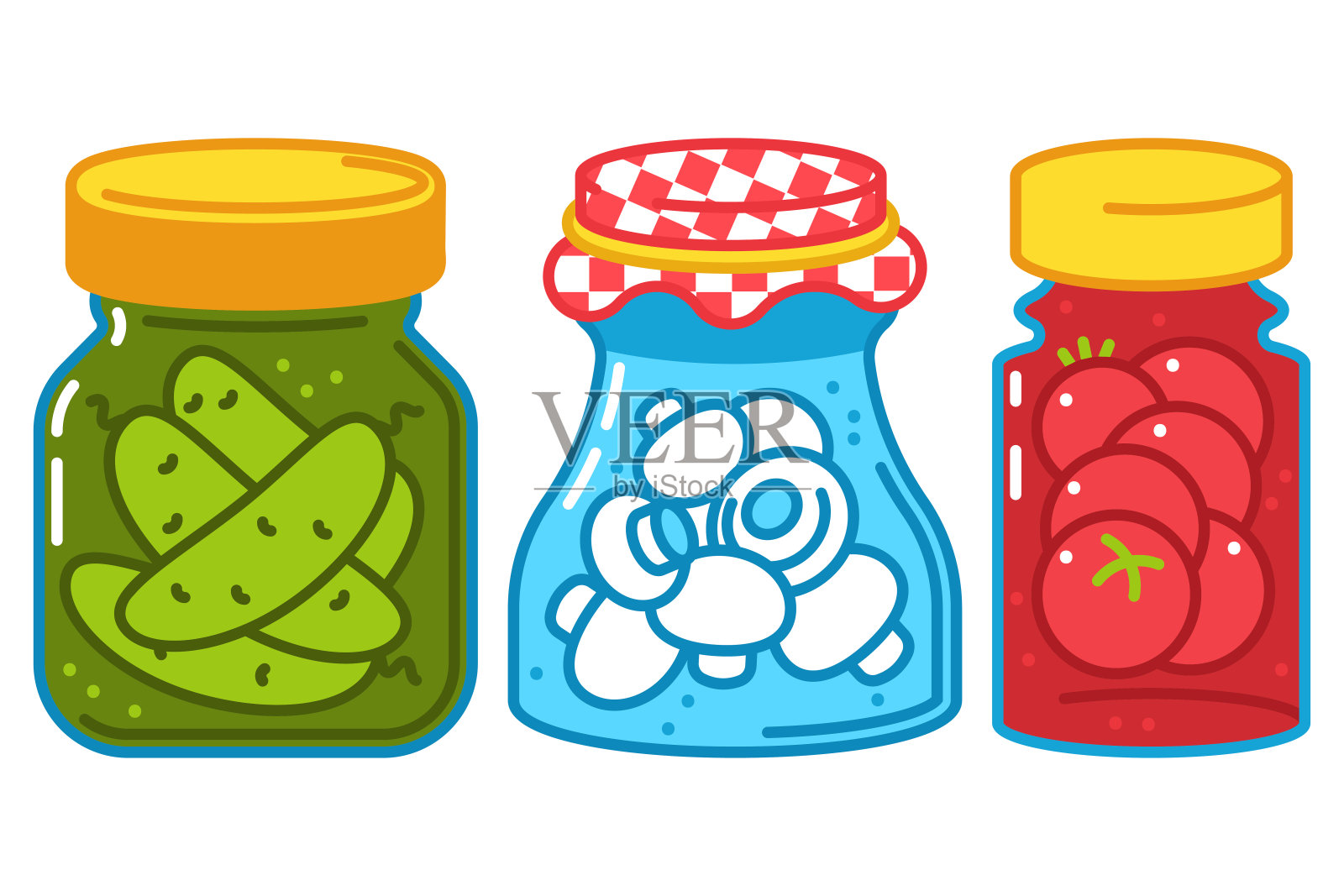 罐子食品在保存矢量卡通集隔离在一个白色的背景。插画图片素材