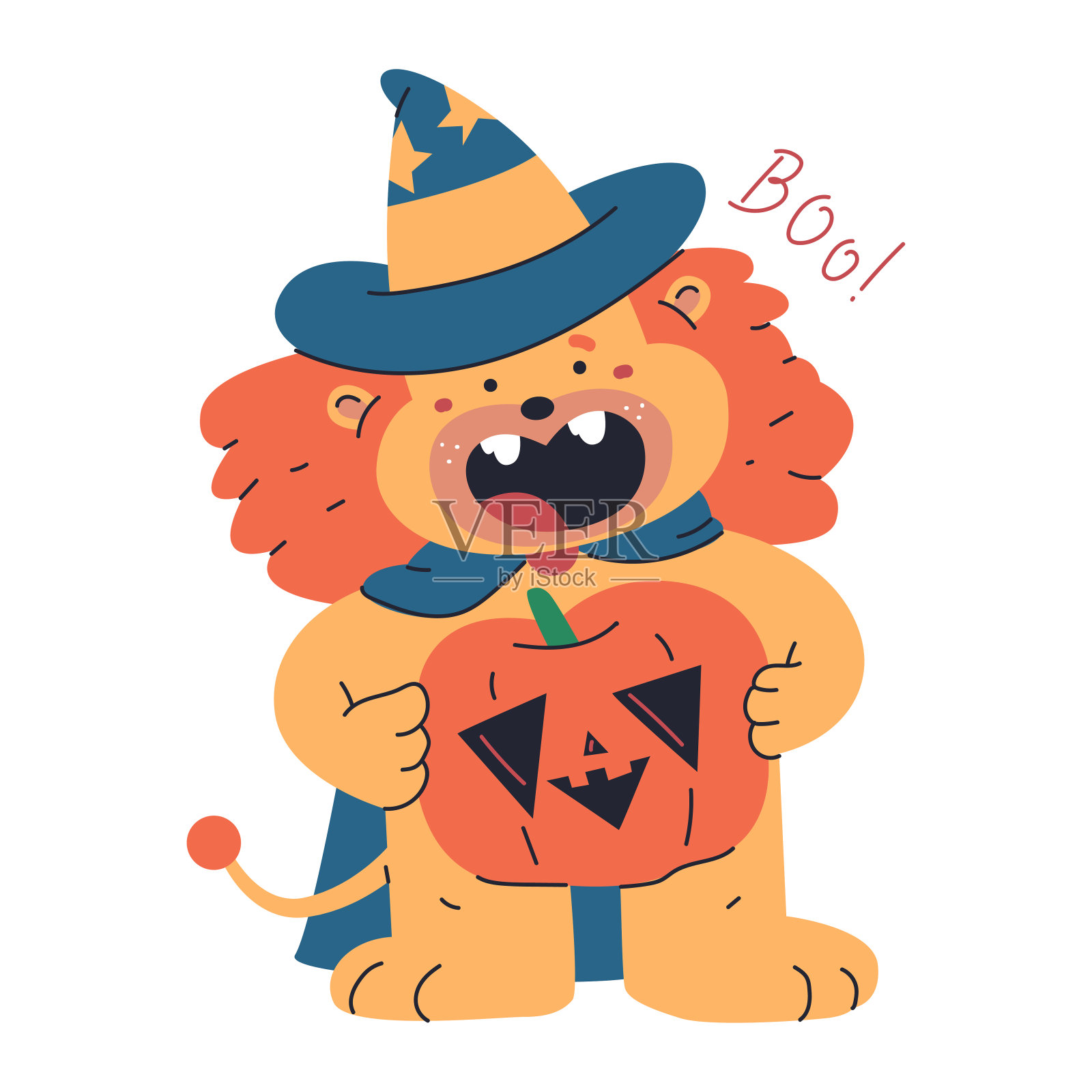可爱的狮子在万圣节服装矢量卡通人物孤立在一个白色的背景。插画图片素材