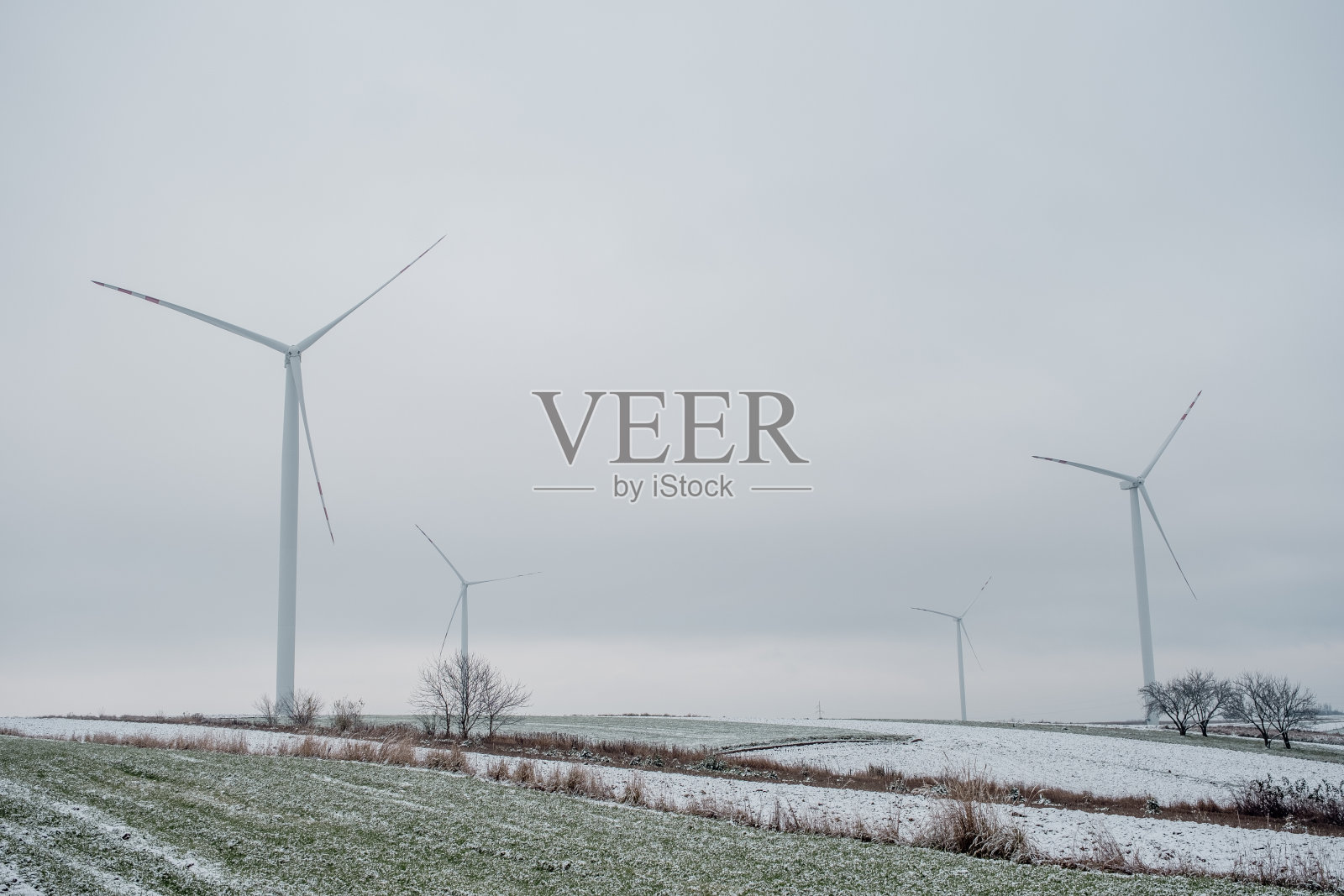 波兰田野上的第一场雪——背景是一个风力发电场对着天空。照片摄影图片