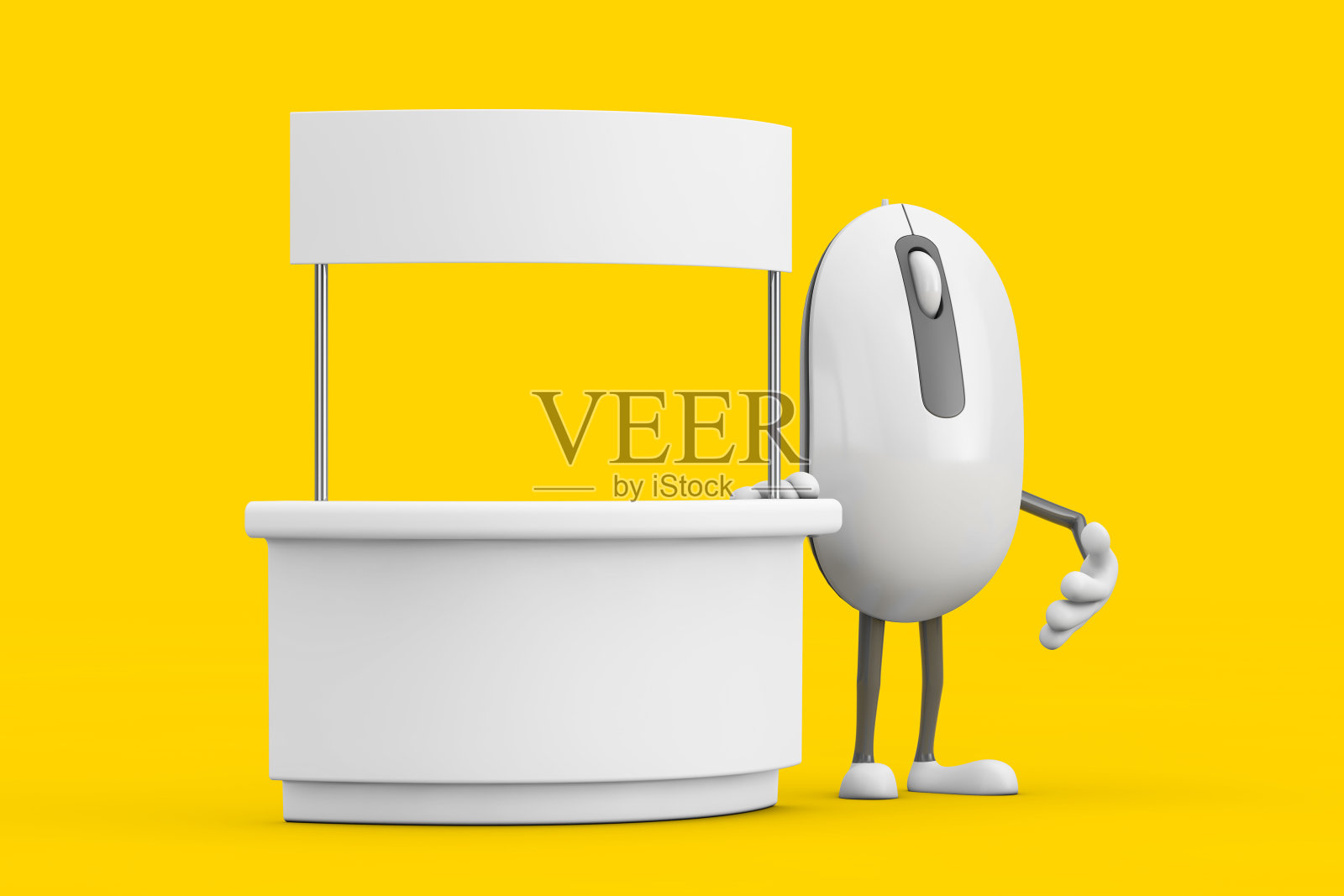 电脑鼠标卡通人物吉祥物附近的空白促销站与自由空间为您的设计。3d渲染照片摄影图片