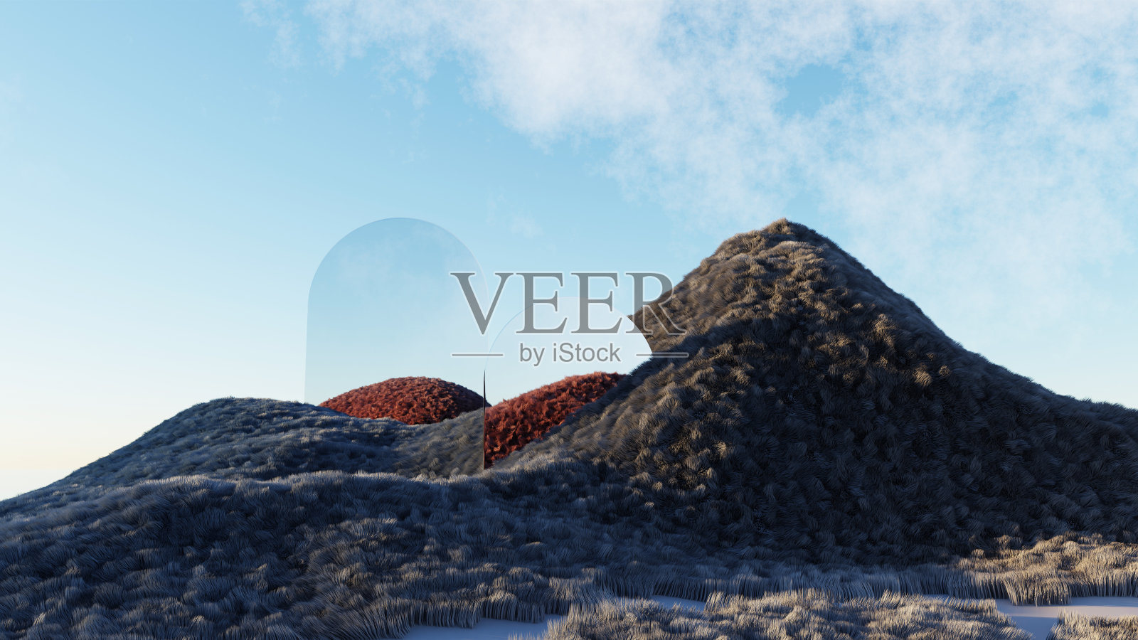 超现实的绿色粗糙的表面草原山景观背景在最小的概念，抽象梦幻沙丘，全景，未来的美丽草甸。复制空间，蓝天和多云照片摄影图片