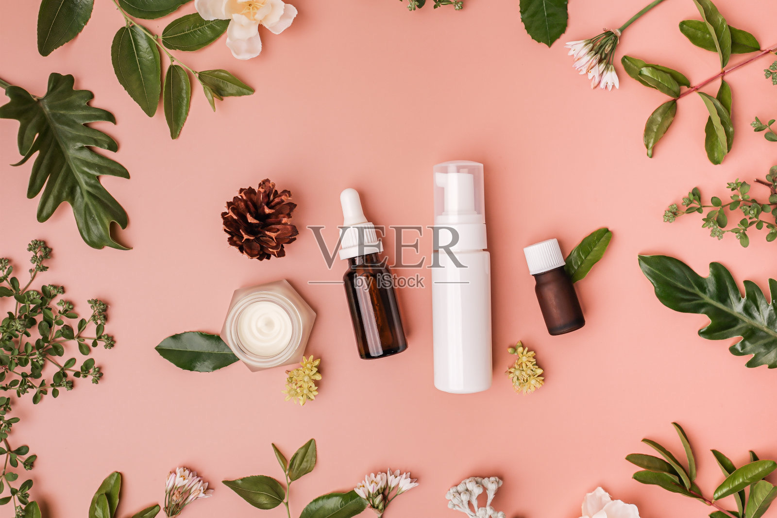 自然美容，护肤，化妆品与叶和花在平面背景。照片摄影图片