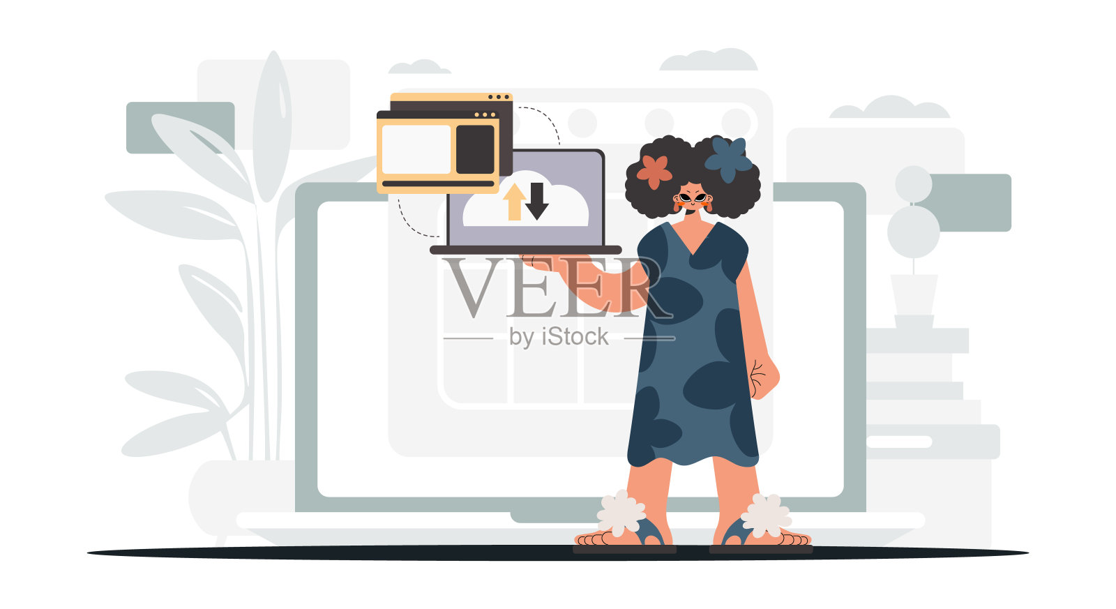 这位热情的女士拿着一个与数据容量同步的平板电脑。时尚的风格，矢量插图插画图片素材