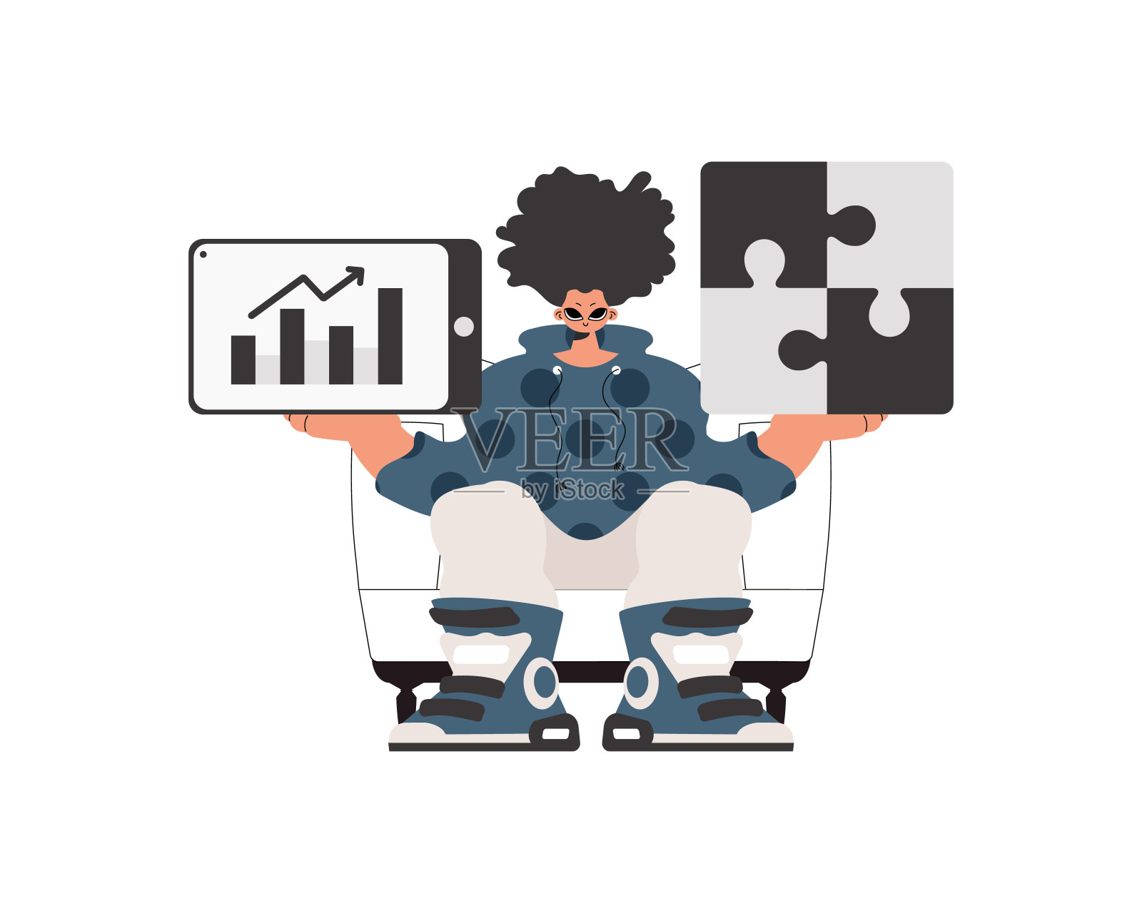 这个人手里拿着一副发呆的样子和一张积极的成绩表。一堆工作。义务。时尚的风格，矢量插图插画图片素材