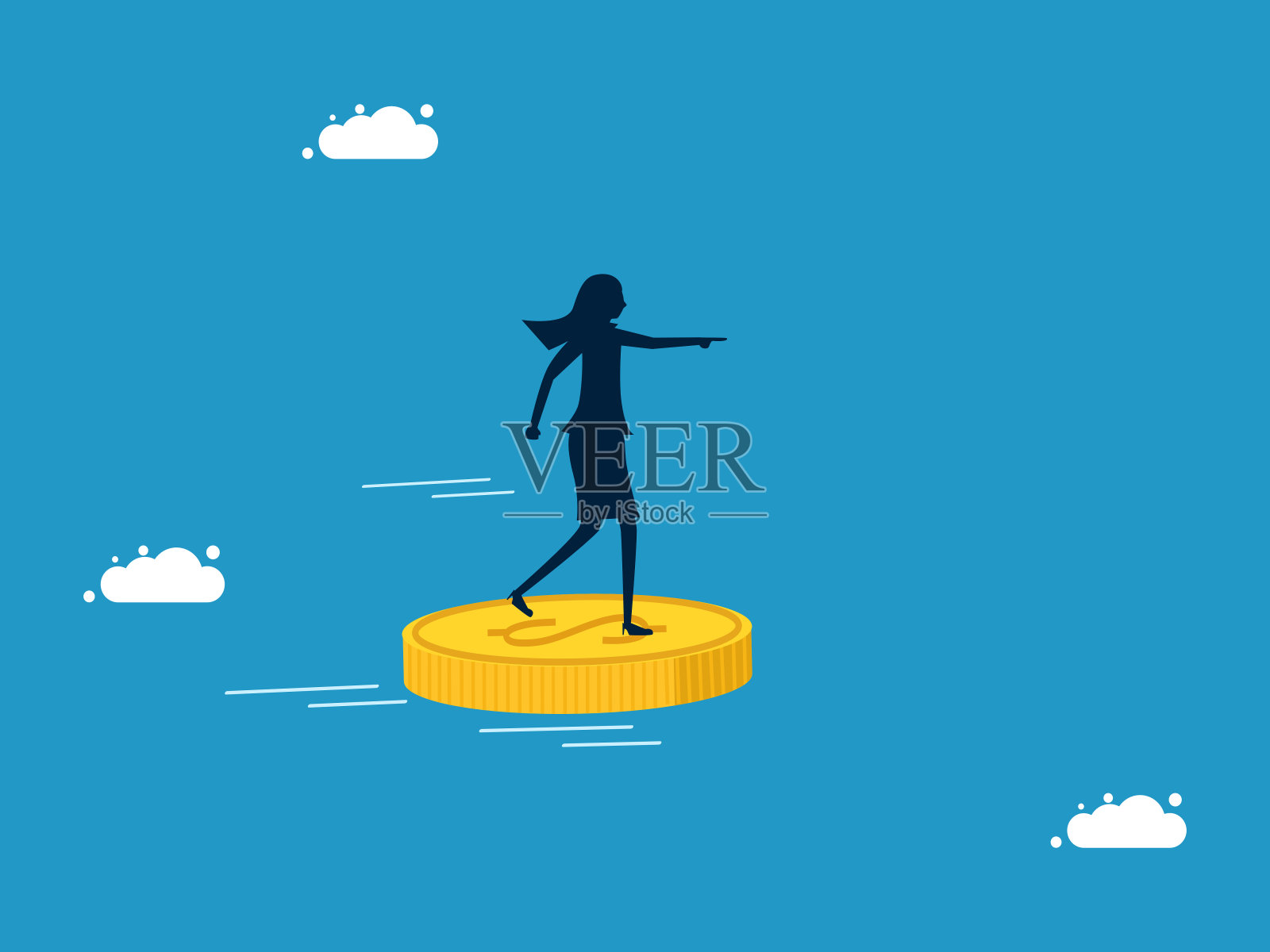 寻找投资和商业机会。站在硬币上的女人向前走插画图片素材