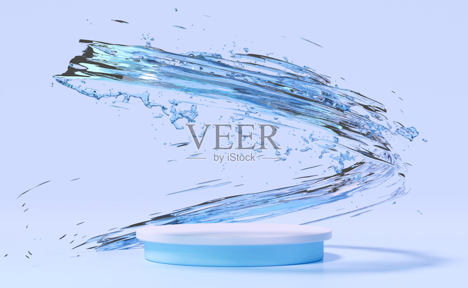 三维抽象，水溅透明与蓝色舞台讲台空，几何化妆品展示台座孤立在紫色的背景。最小的现代场景，3d渲染插图照片摄影图片