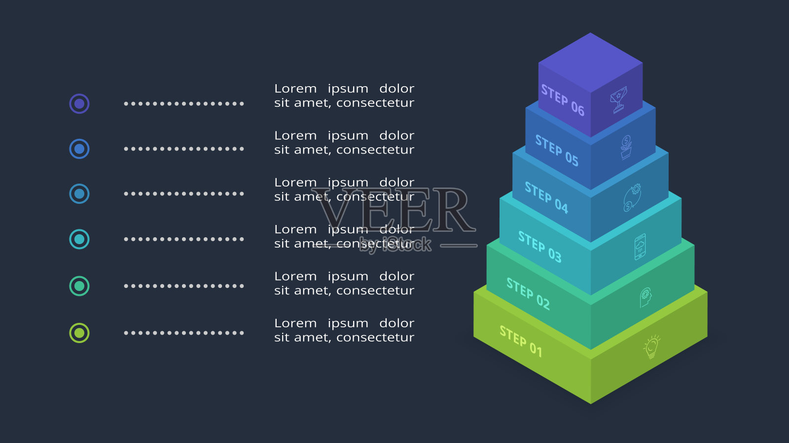 3d概念信息图与6个步骤，选项，零件或过程。模板网页上的黑色背景。插画图片素材