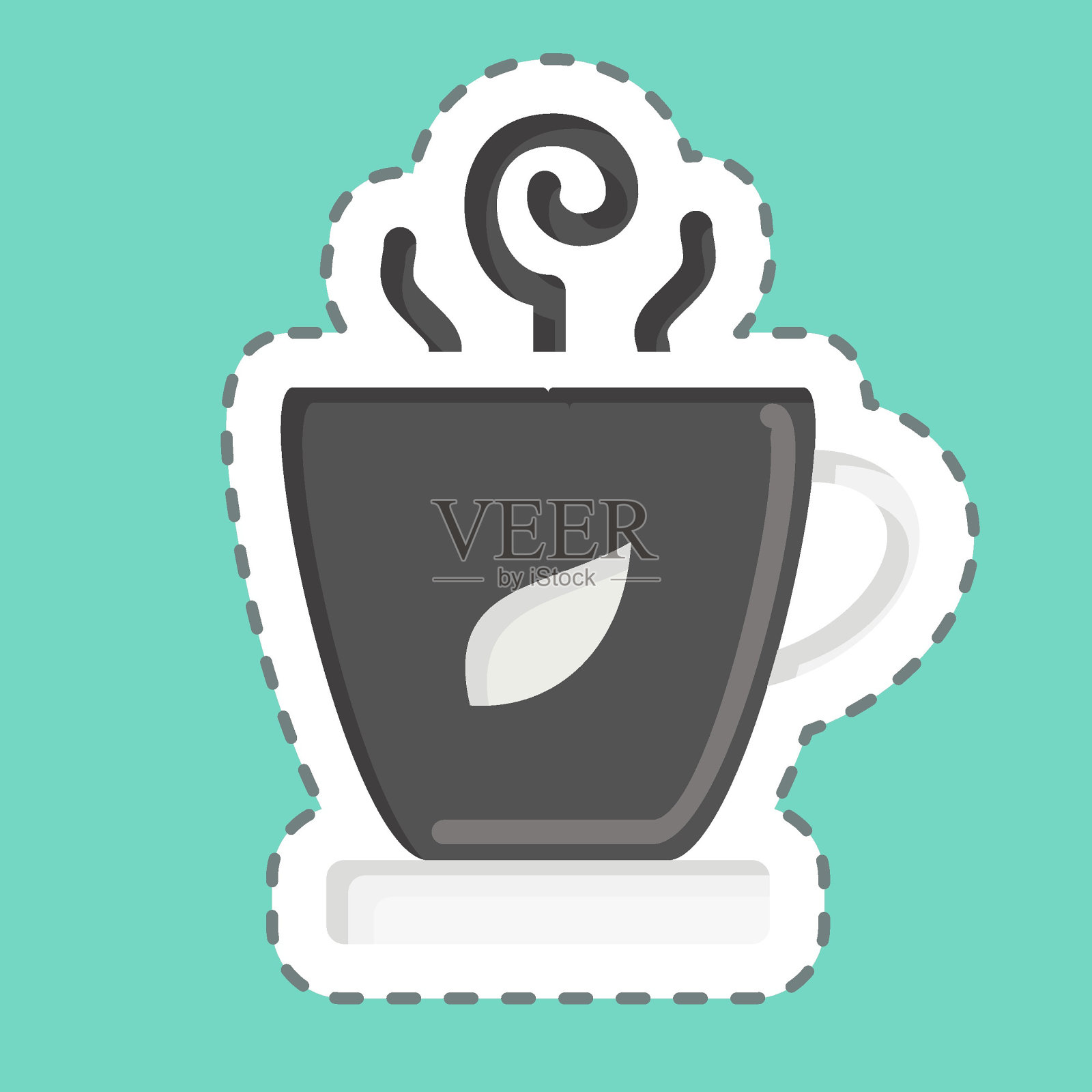 贴纸线剪杯茶。与茶有关的符号。简单的设计可编辑。简单的说明。绿茶插画图片素材