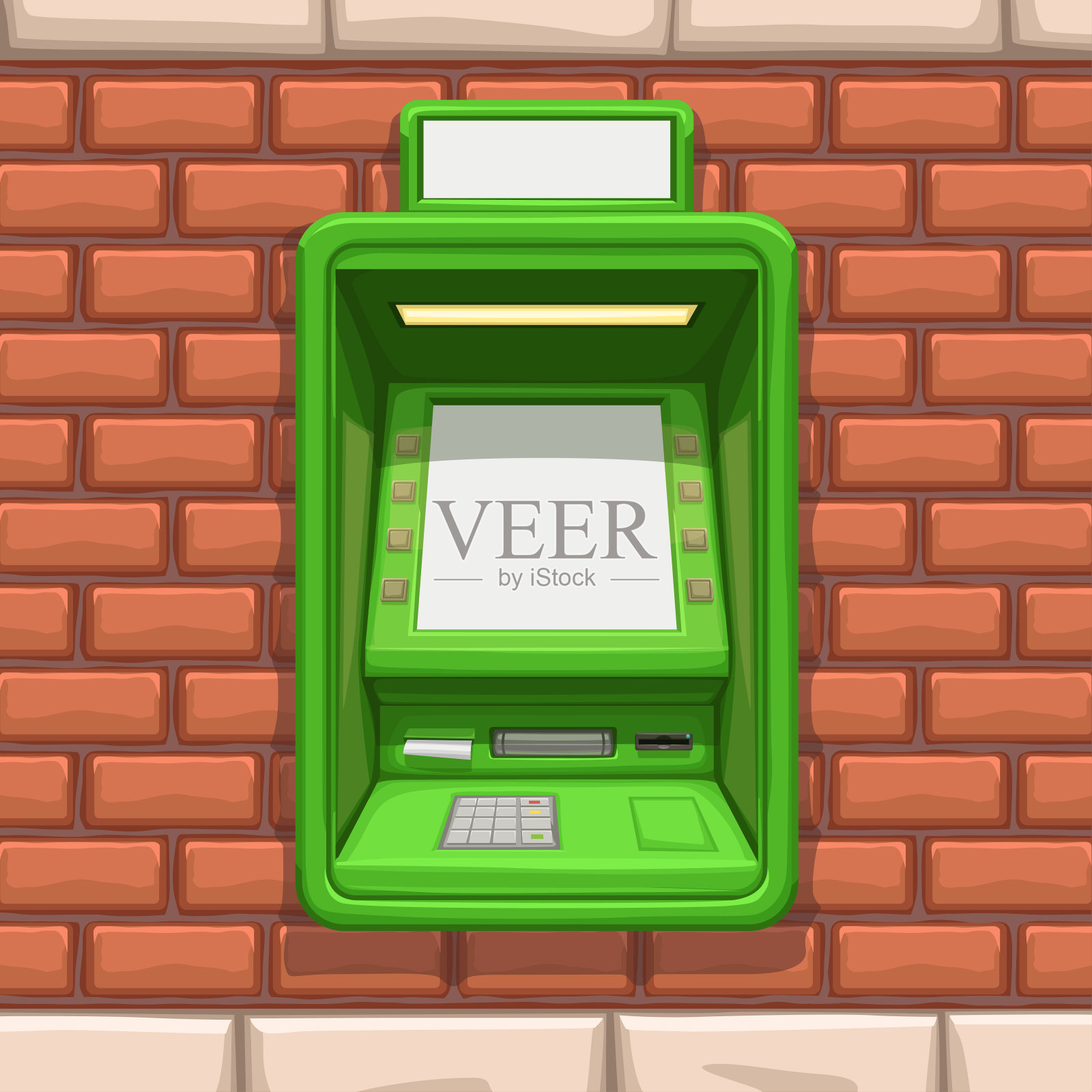 红色砖墙上的绿色自动取款机插画图片素材