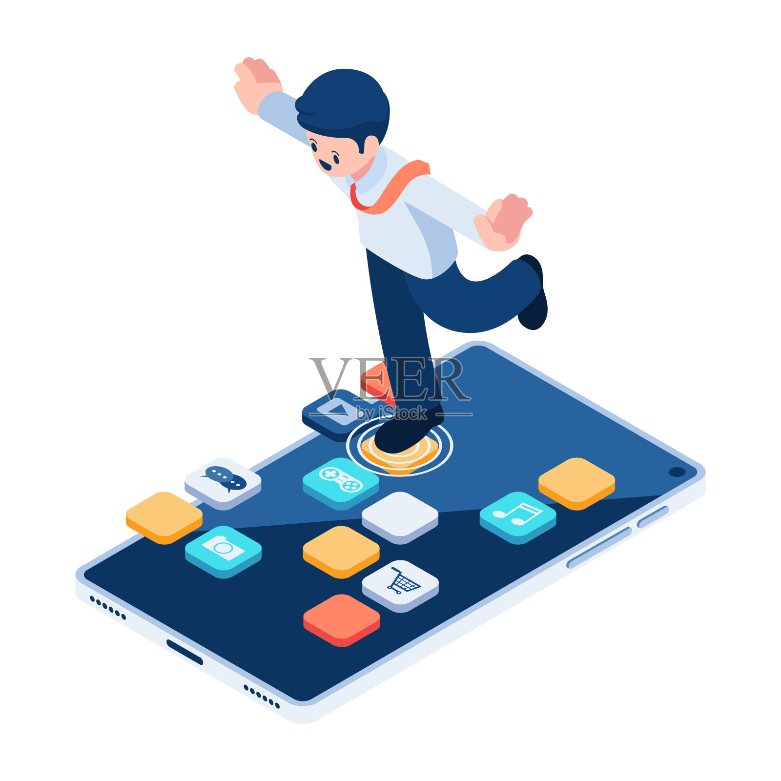 等距商人在智能手机应用程序上跳跃插画图片素材