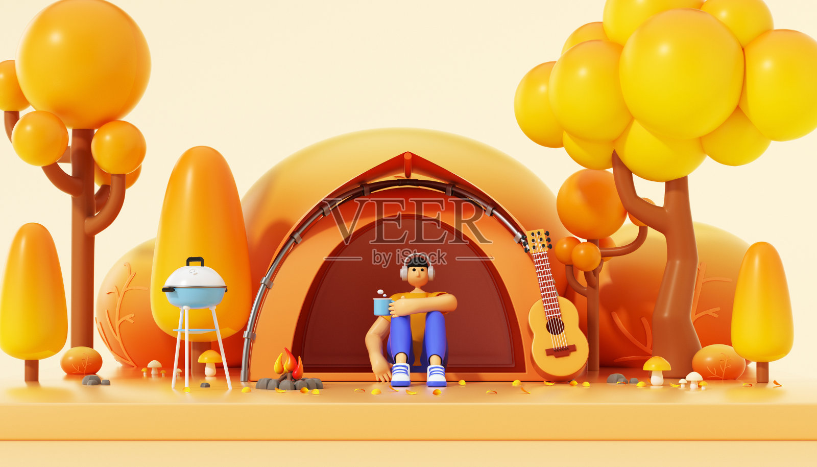 3d卡通人物野外露营照片摄影图片