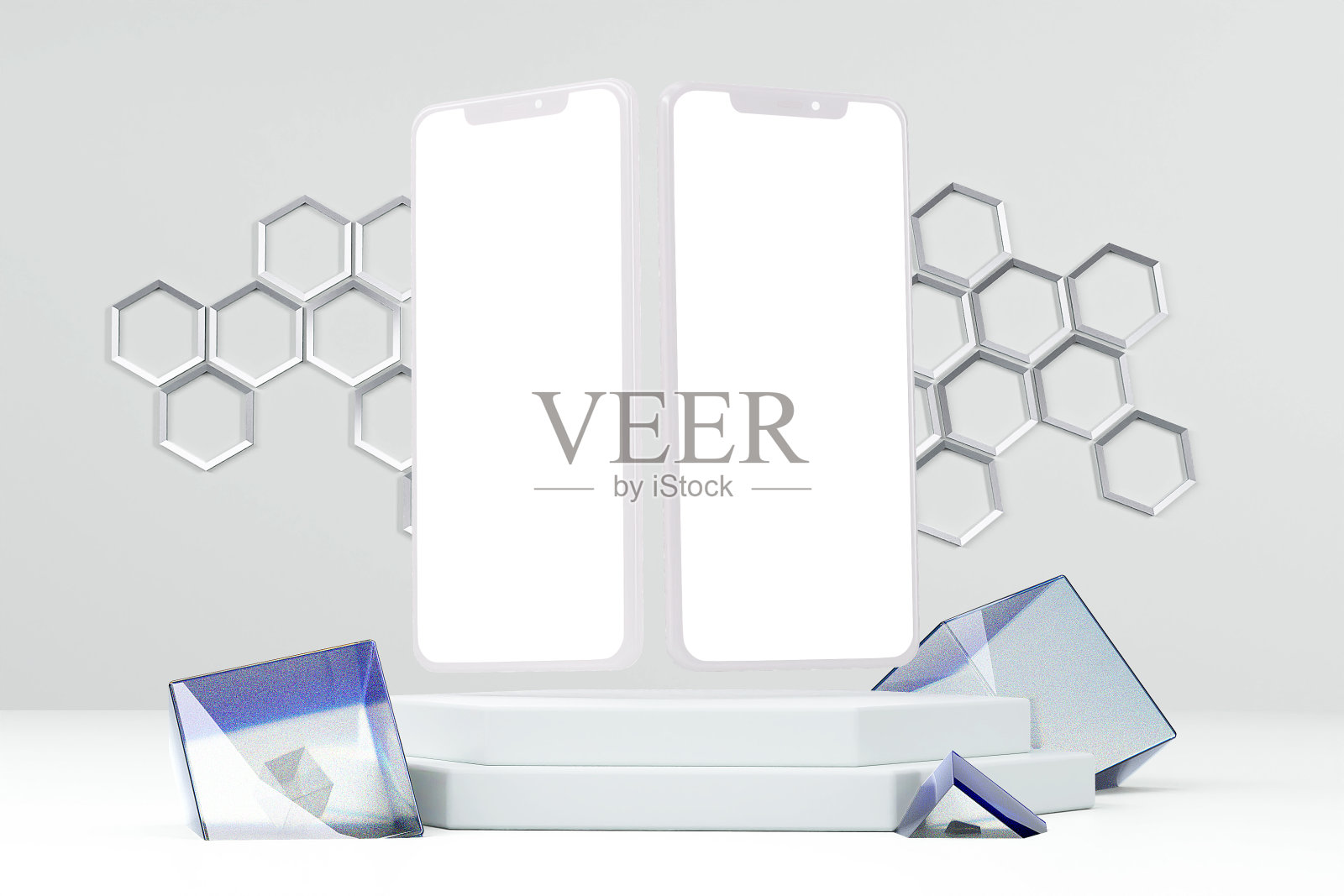 讲台上的粘土电话用玻璃立方体和六边形模拟场景照片摄影图片