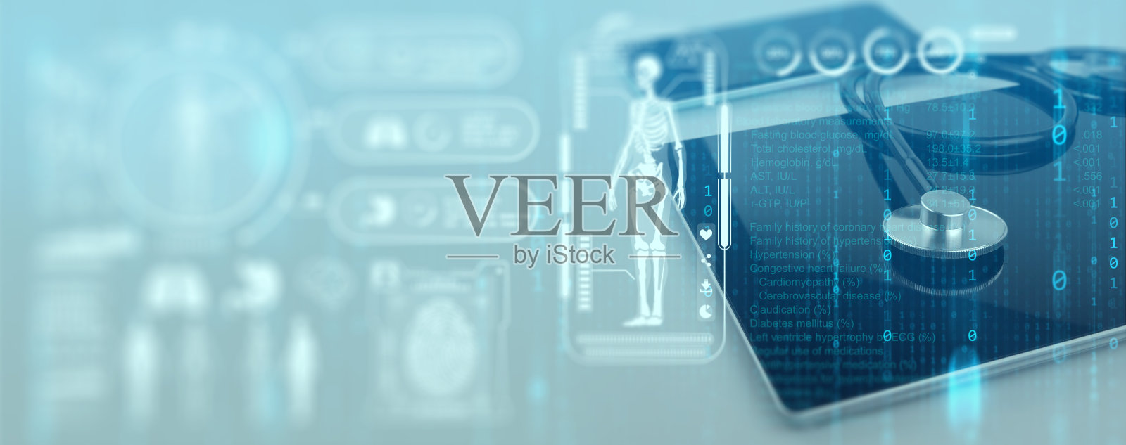 医疗数据与健康信息概念。数字病历平板听诊器的选择性聚焦。数字医疗数据库后台。照片摄影图片