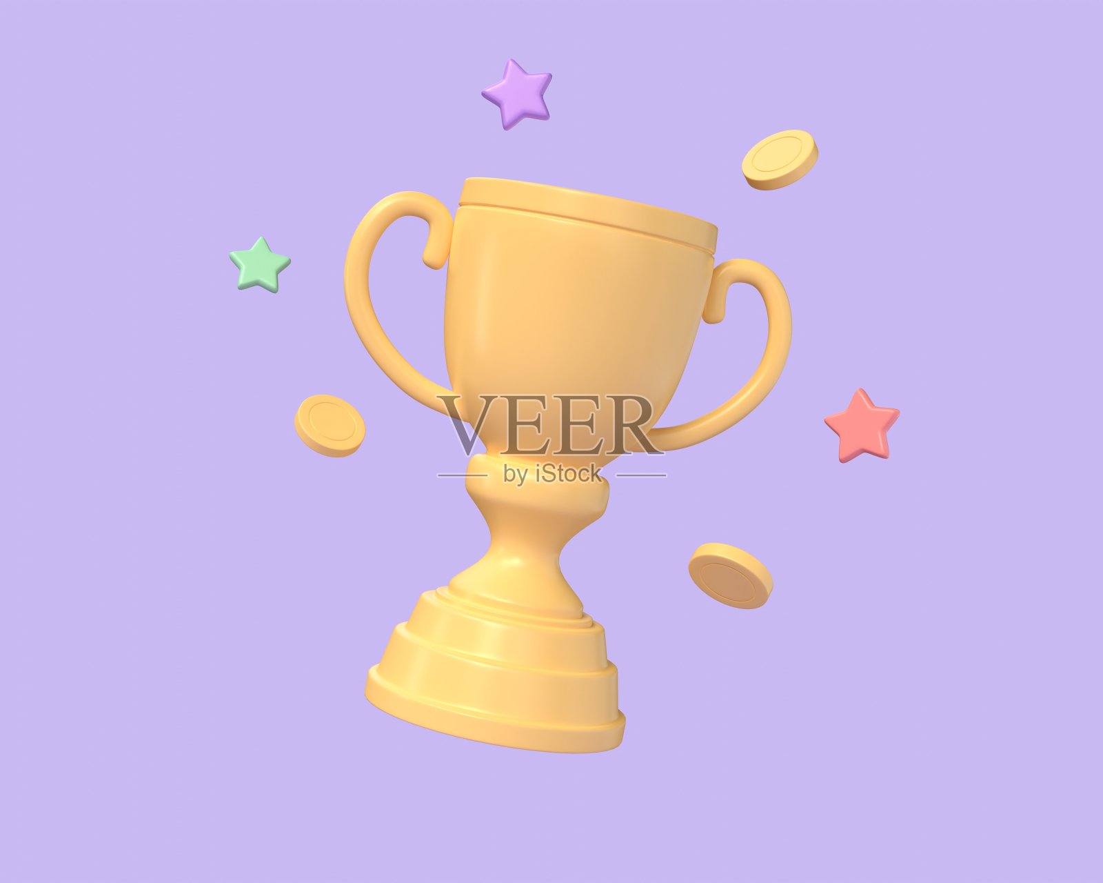 3d获奖者奖金杯和现金硬币，获奖者金星。动画风格的3d颁奖典礼概念。三维渲染图照片摄影图片