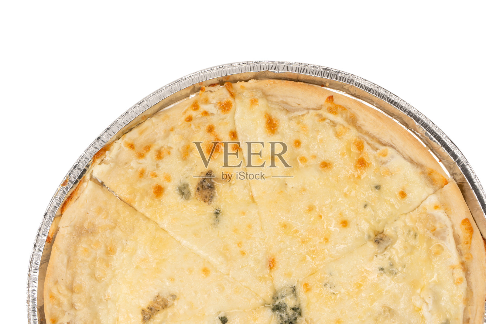 四个芝士披萨被隔离在白色的背景上。照片摄影图片