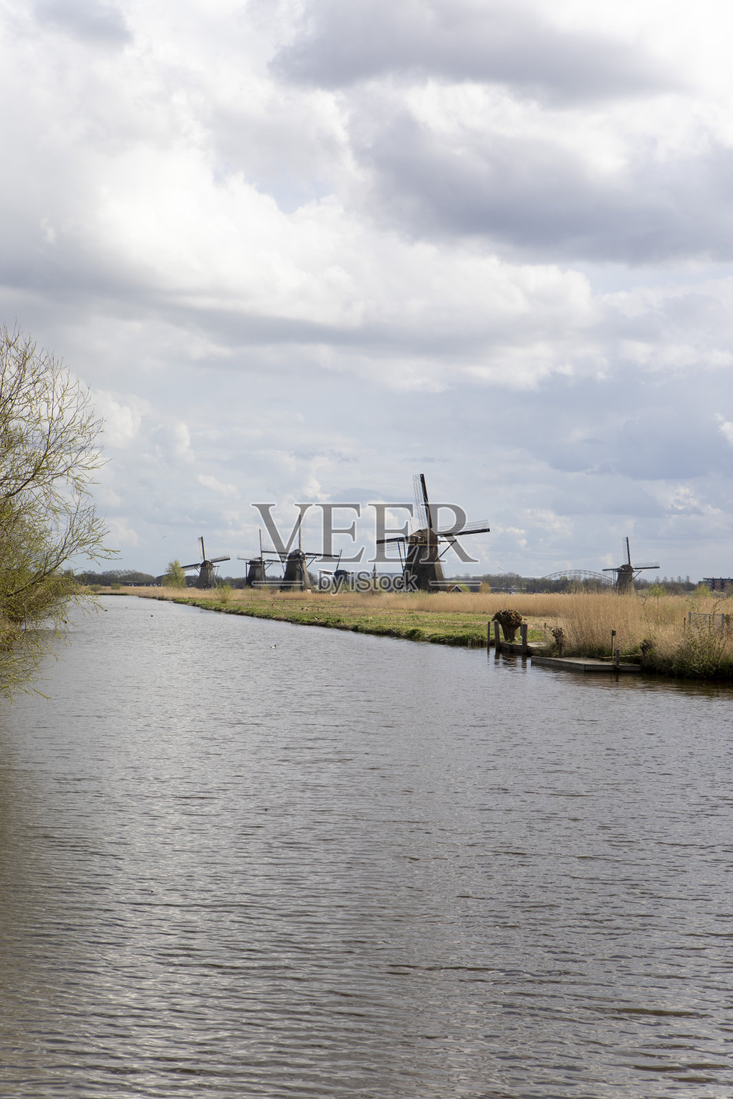 运河旁的一排风车照片摄影图片