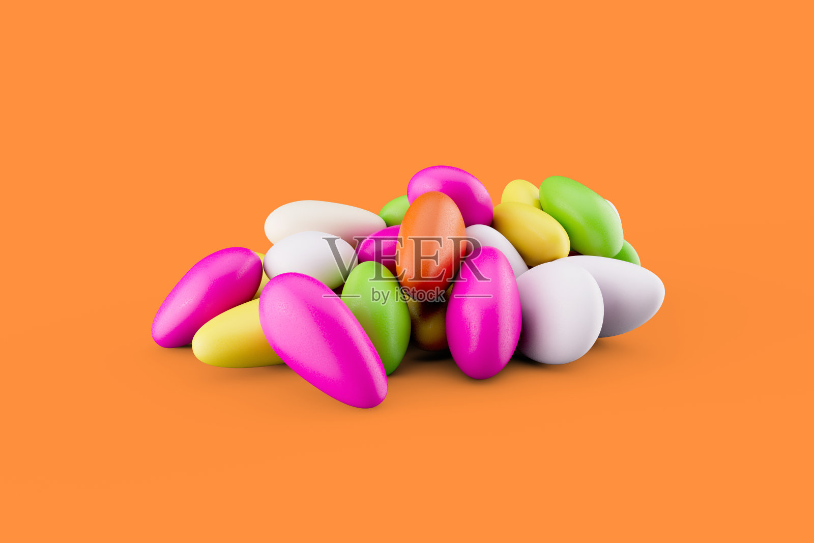 3d彩色杏仁糖糖涂层杏仁糖隔离在橙色背景3d插图照片摄影图片