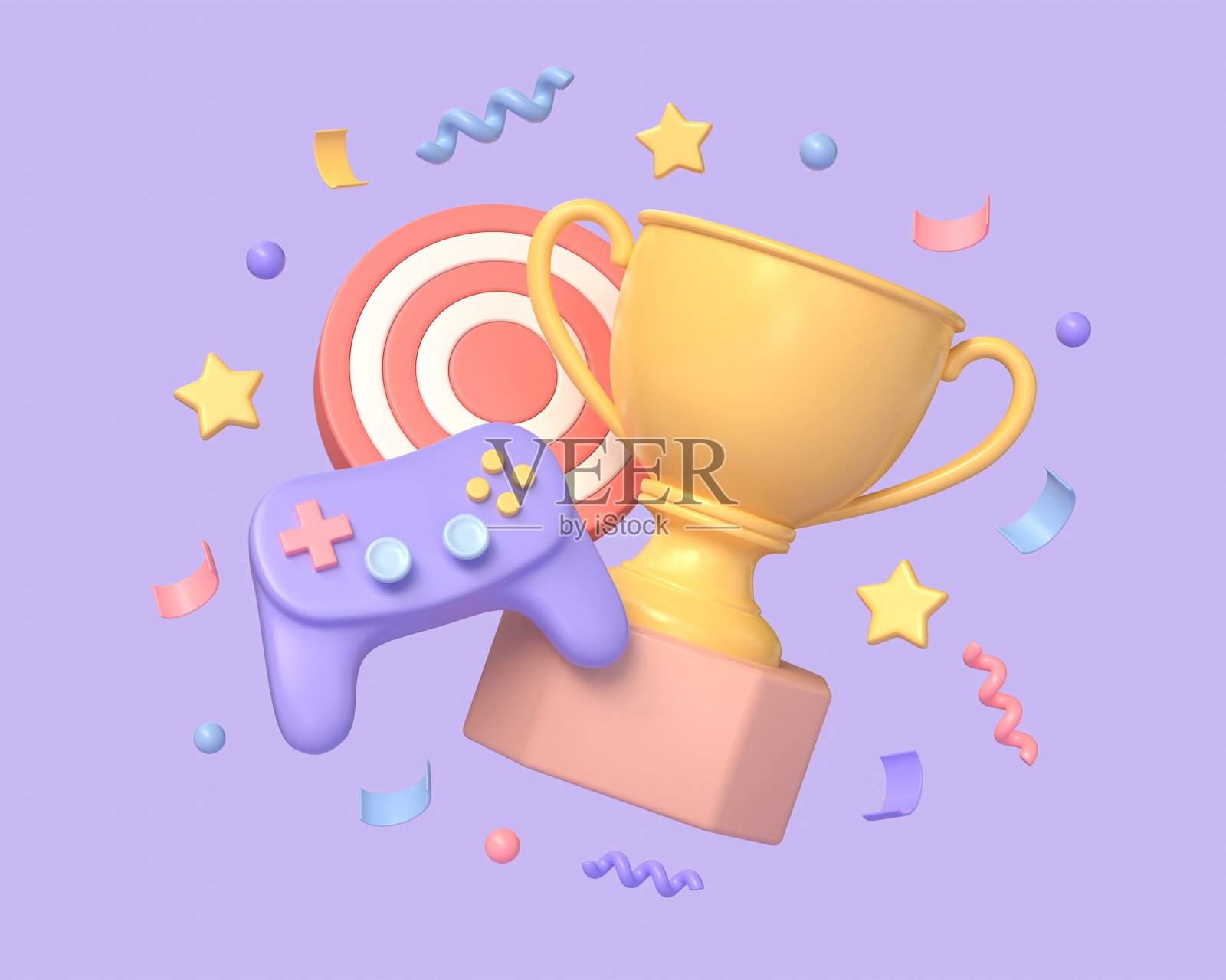 3d金杯或优胜杯，目标和操纵杆。赢得电子竞技比赛的概念。插图孤立的紫色背景。三维渲染照片摄影图片