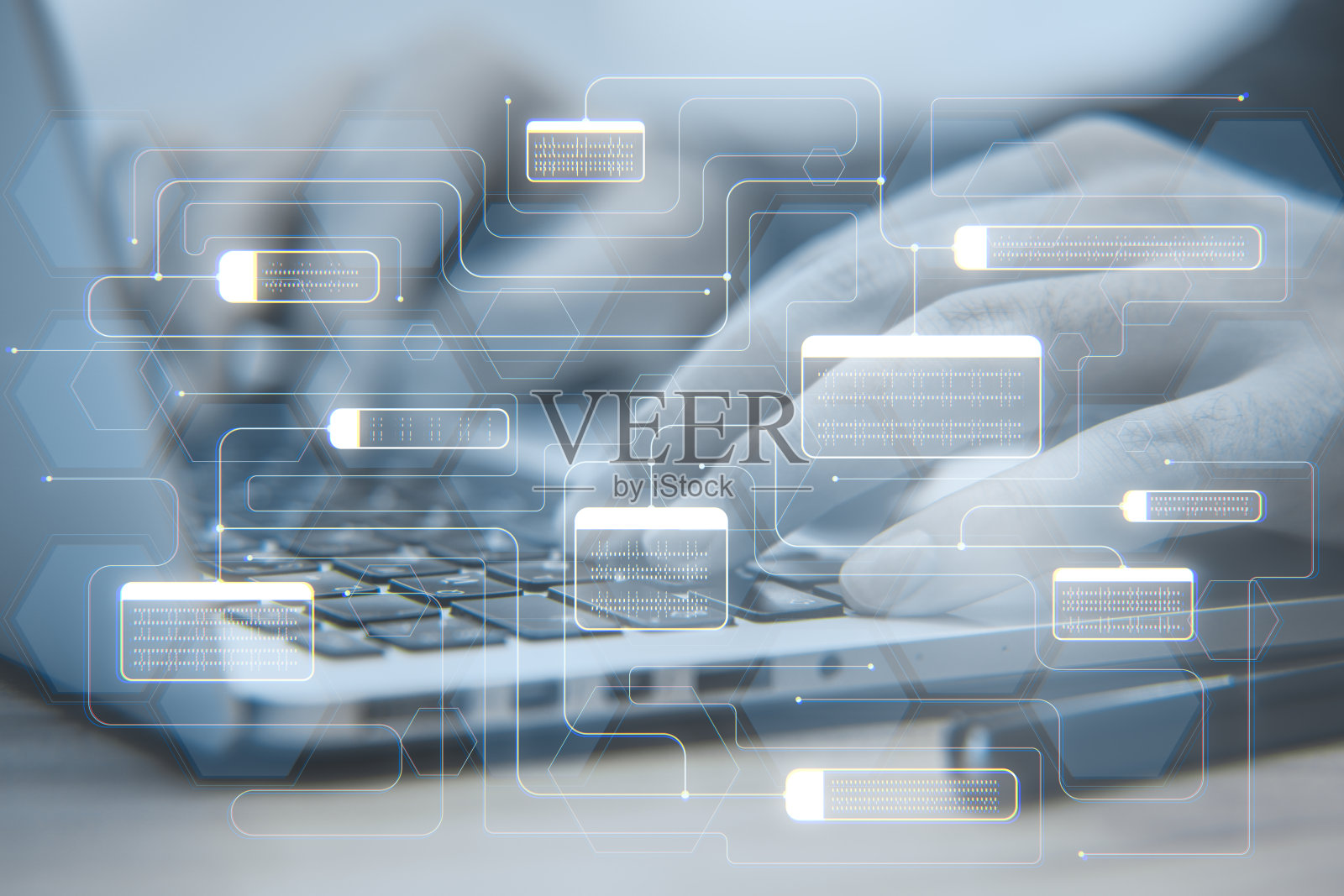 模糊背景下数字连接节点按钮的软件系统技术及研究思路。男性的手使用笔记本电脑在桌面上与网格。双重曝光。照片摄影图片