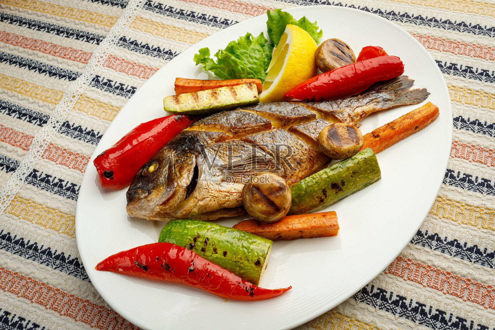 白色盘子上烤制的香辣鱼，顶视图照片摄影图片