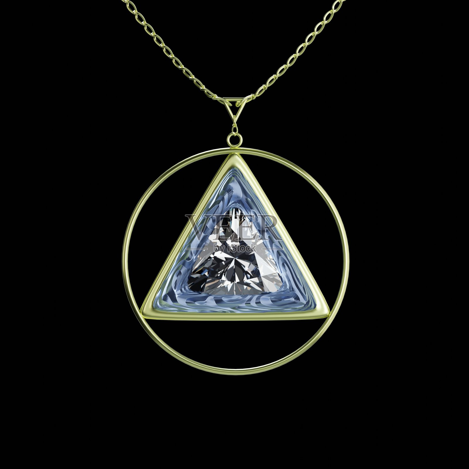 三角形金项链与钻石3D渲染设计孤立的背景。照片摄影图片