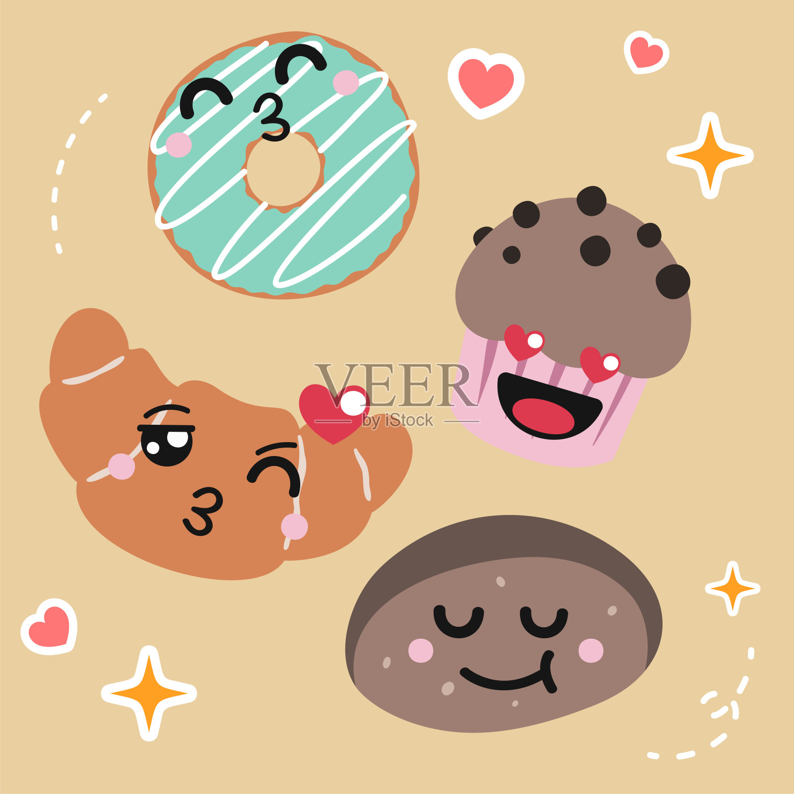 一套卡哇伊食物新鲜出炉的面包和可爱的笑脸。平面矢量设计插画图片素材