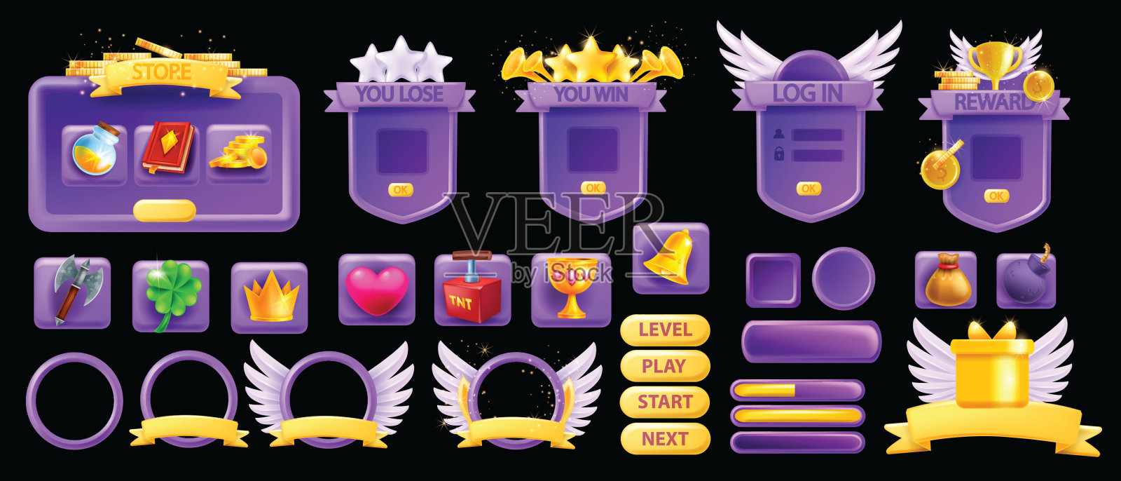 3D UI游戏资产集，按钮GUI界面矢量设计元素，手机视频应用图标菜单工具包。插画图片素材