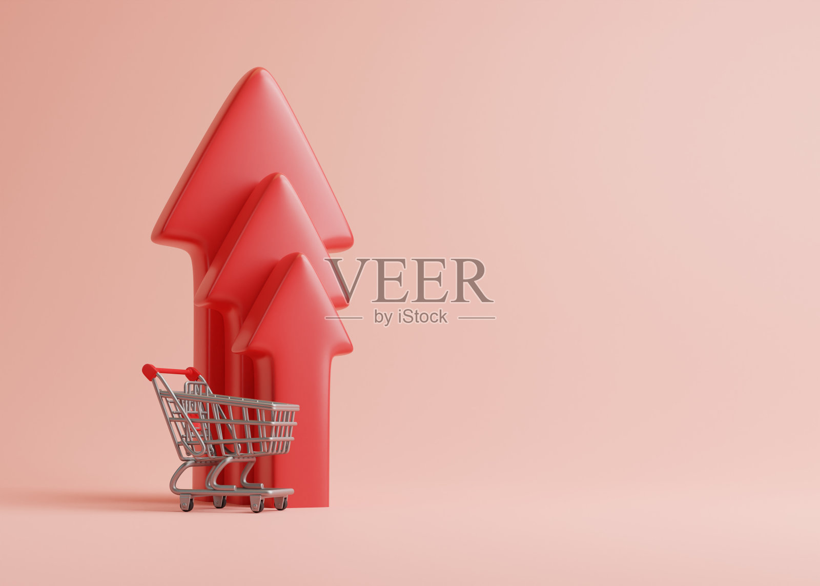 购物车推车与红色通货膨胀箭头在一个柔和的背景照片摄影图片