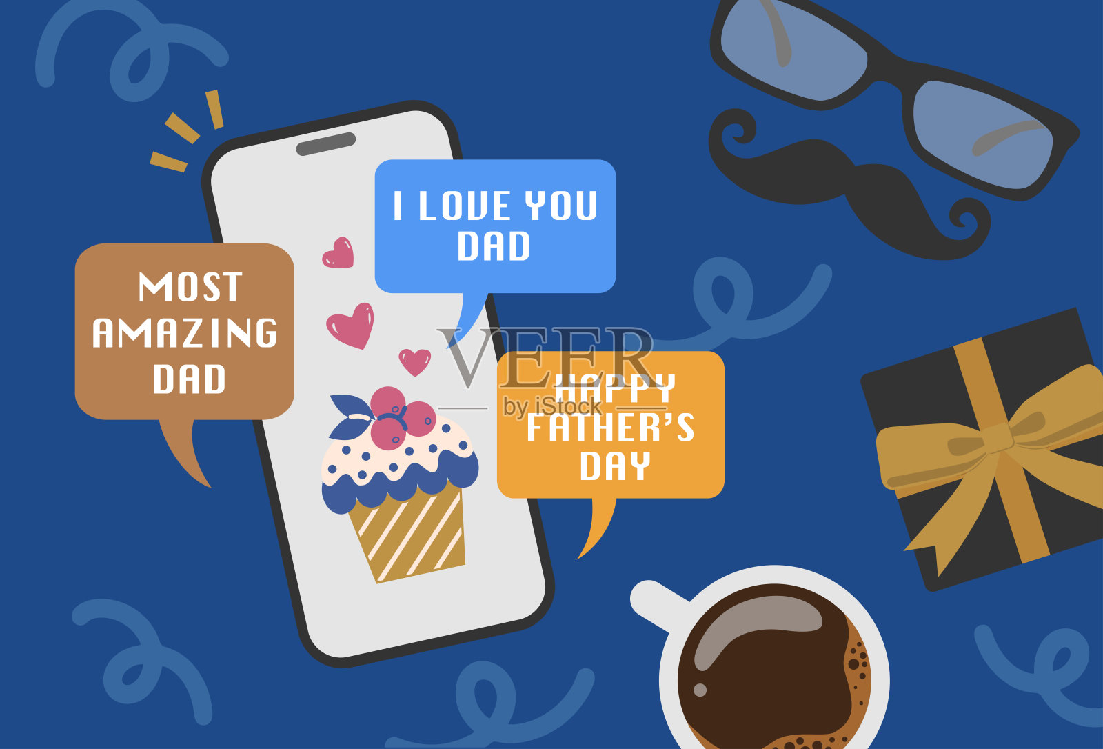 父亲节平面设计模板的社交媒体广告，贺卡，邀请或海报设计与智能手机和泡沫谈话信息，礼盒，眼镜，胡子和咖啡杯在蓝色背景。插画图片素材