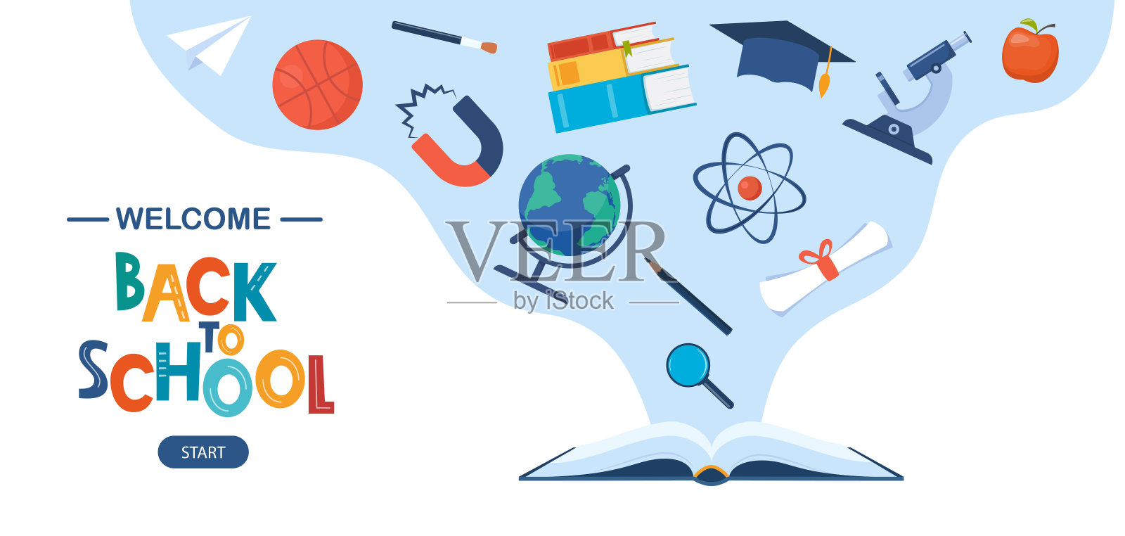 打开书和空间元素。行星、火箭、恒星、云、浮空器。儿童教育理念。知识，创造力，发现。设计教育激励横幅。回到学校。向量。插画图片素材