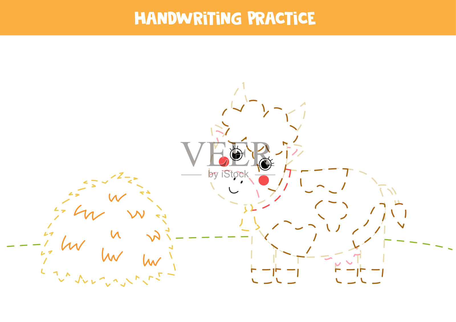 用可爱的牛和干草堆练习写字。给学龄前儿童画线条。矢量插图。插画图片素材