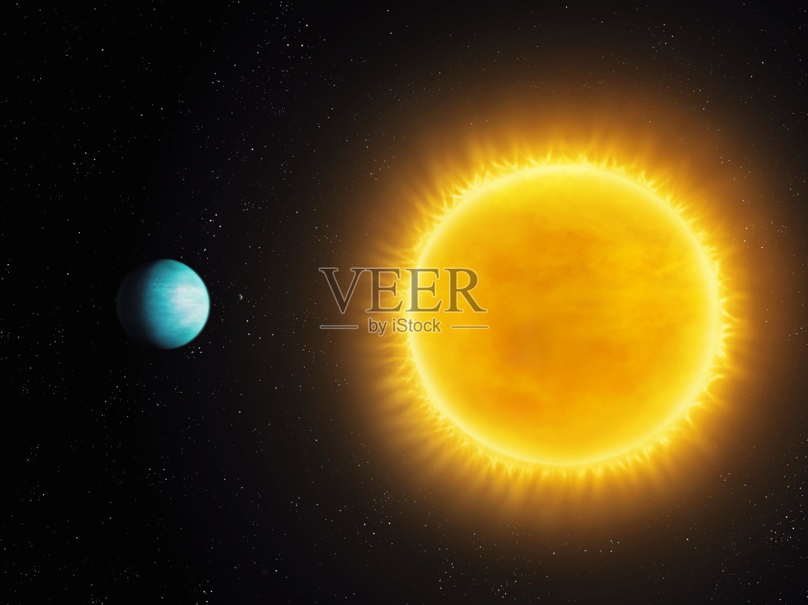 太空中行星旁边的恒星。绕太阳运行的系外行星。照片摄影图片