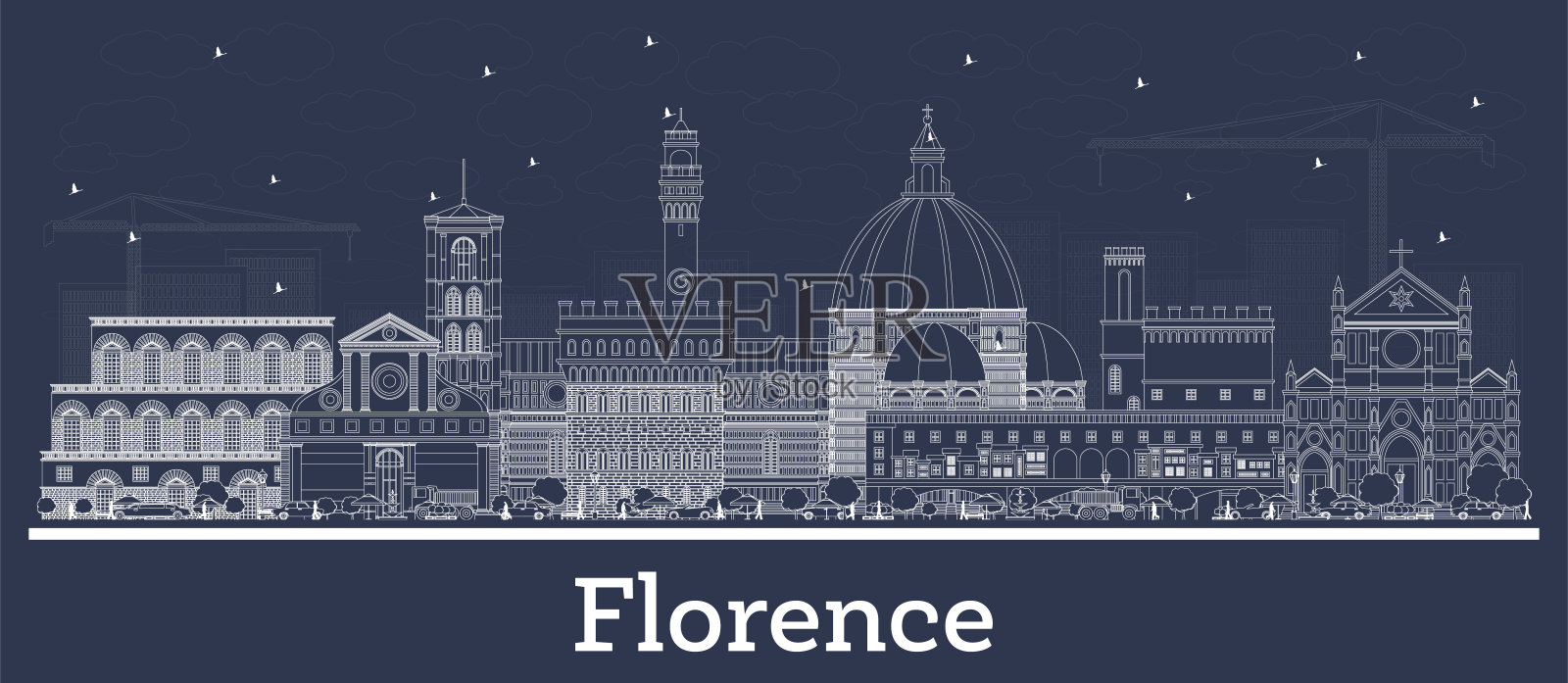 勾勒佛罗伦萨意大利城市天际线与白色建筑。插画图片素材