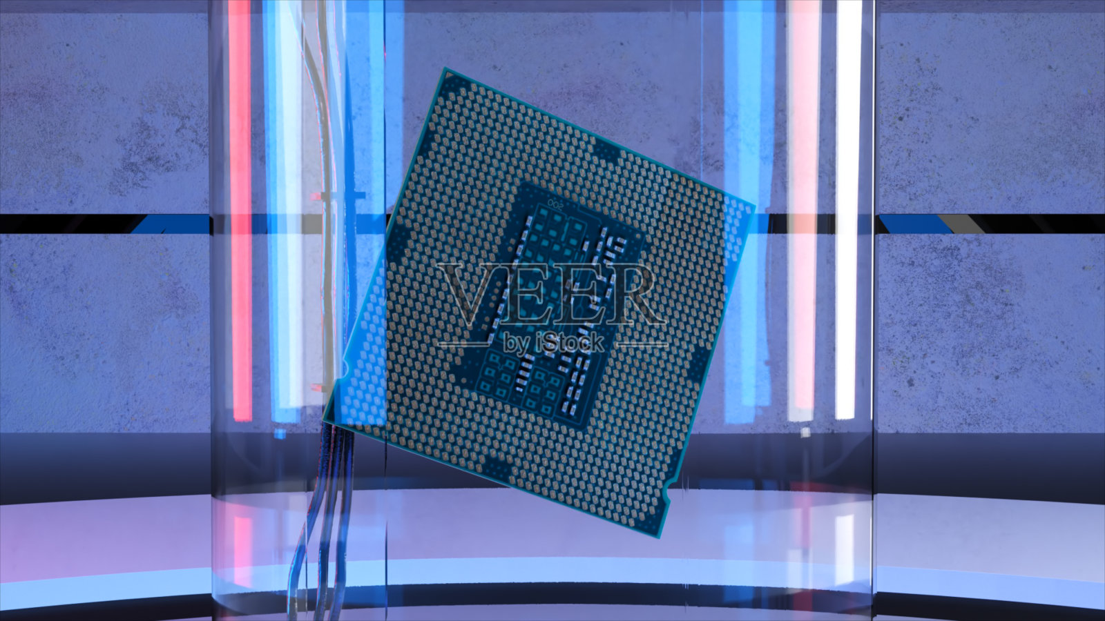 人工智能的概念。微芯片在地板上旋转。蓝色霓虹灯。特写镜头。计算机。3d插图照片摄影图片