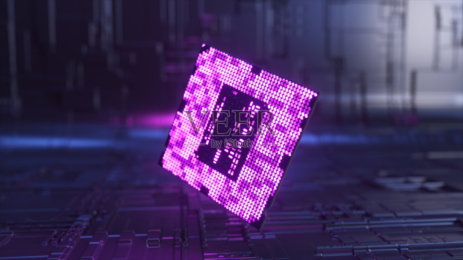 技术的概念。大芯片旋转并发出霓虹蓝色和紫色的光。微芯片。特写镜头。照片摄影图片