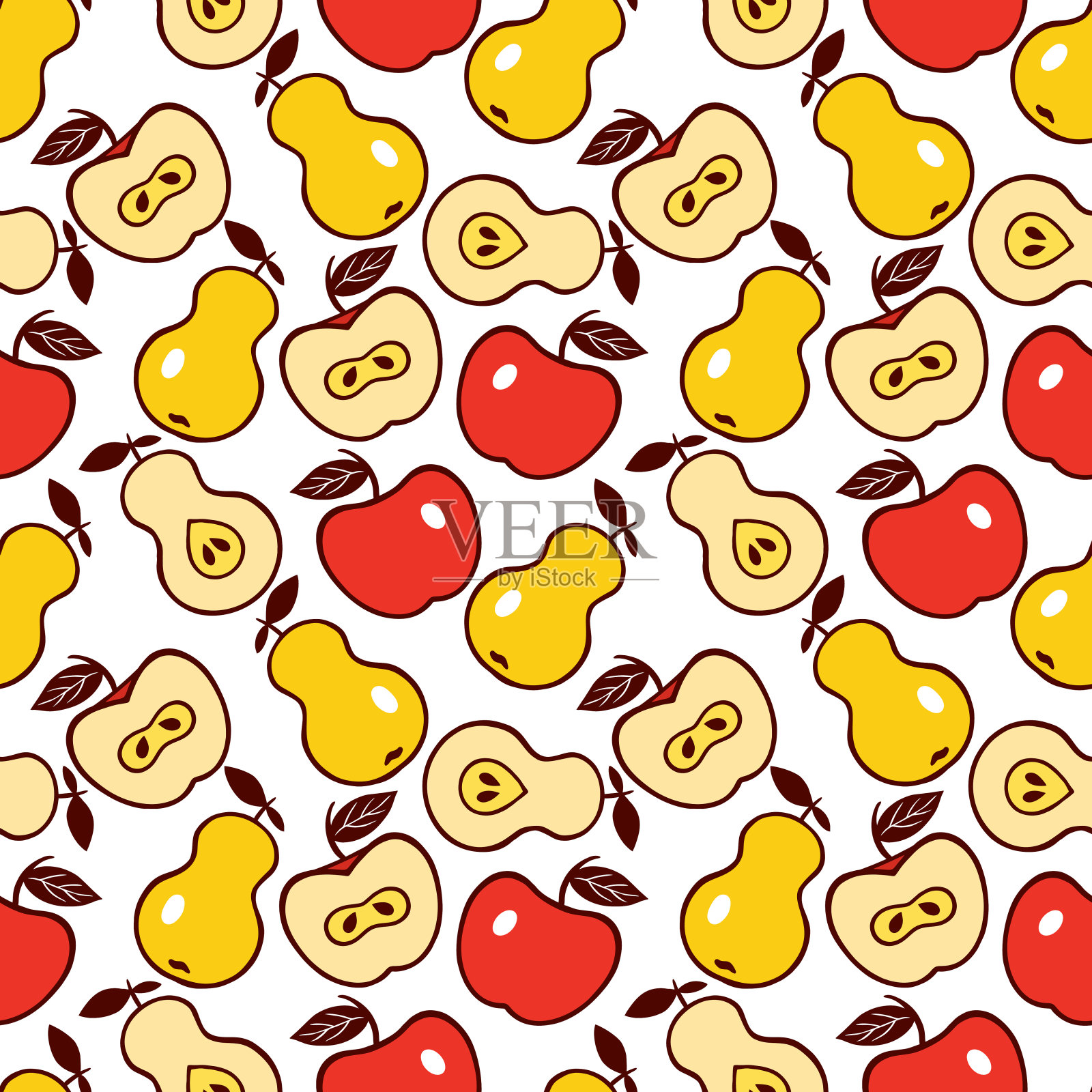 红苹果和黄梨。无缝矢量图案与水果。纺织品、服装、封面、包装纸的设计。插画图片素材